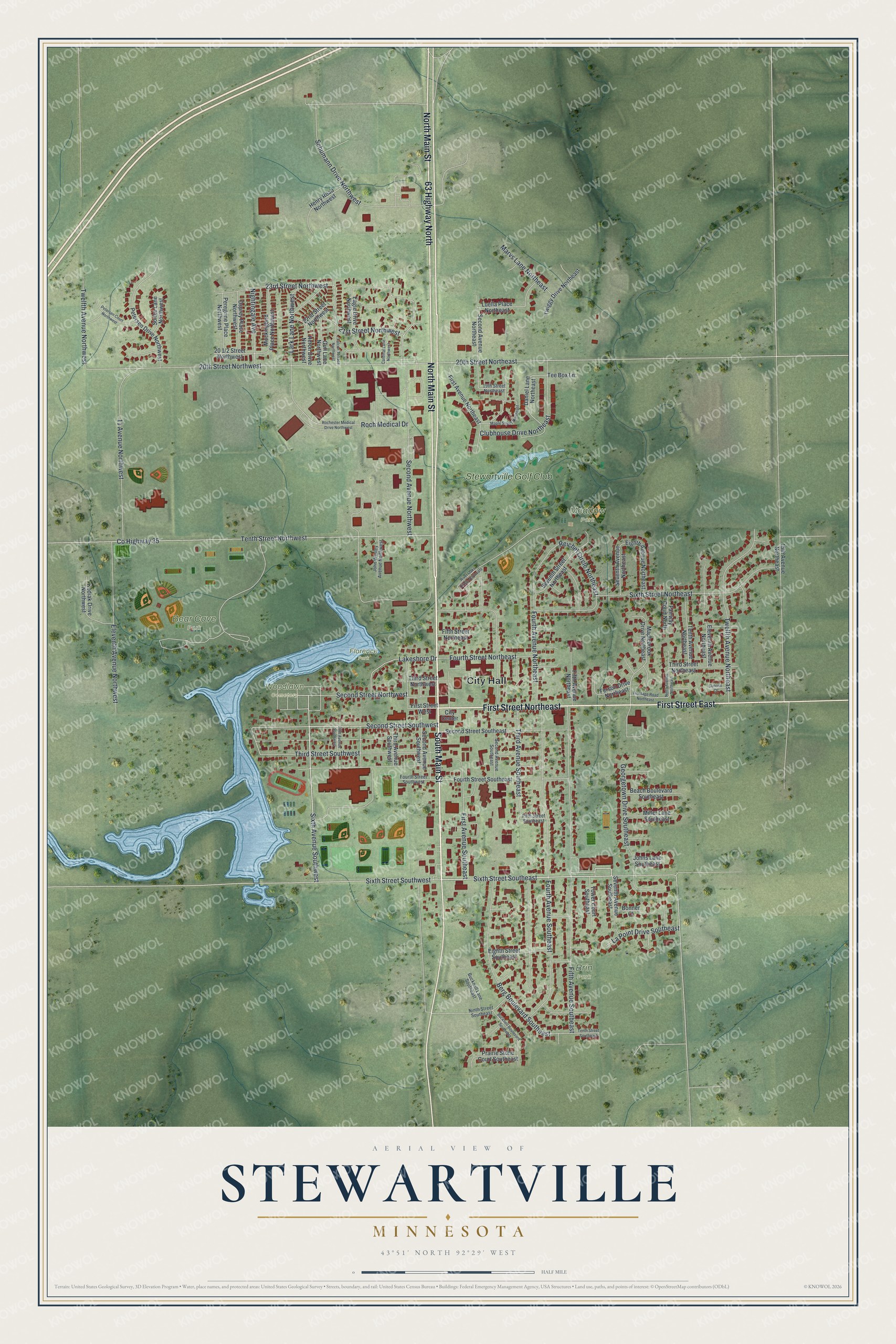 Full map of Stewartville, Minnesota, with red buildings, printed street names and the land around them