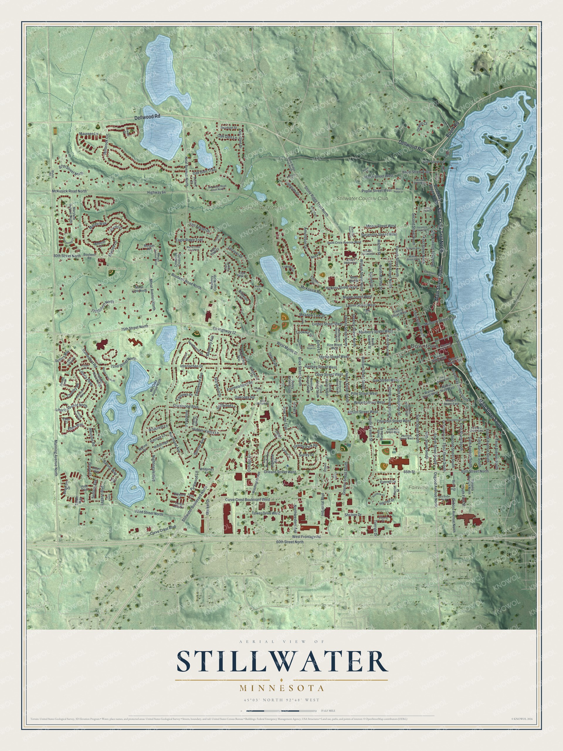 Full map of Stillwater, Minnesota, with red buildings, printed street names and the land around them