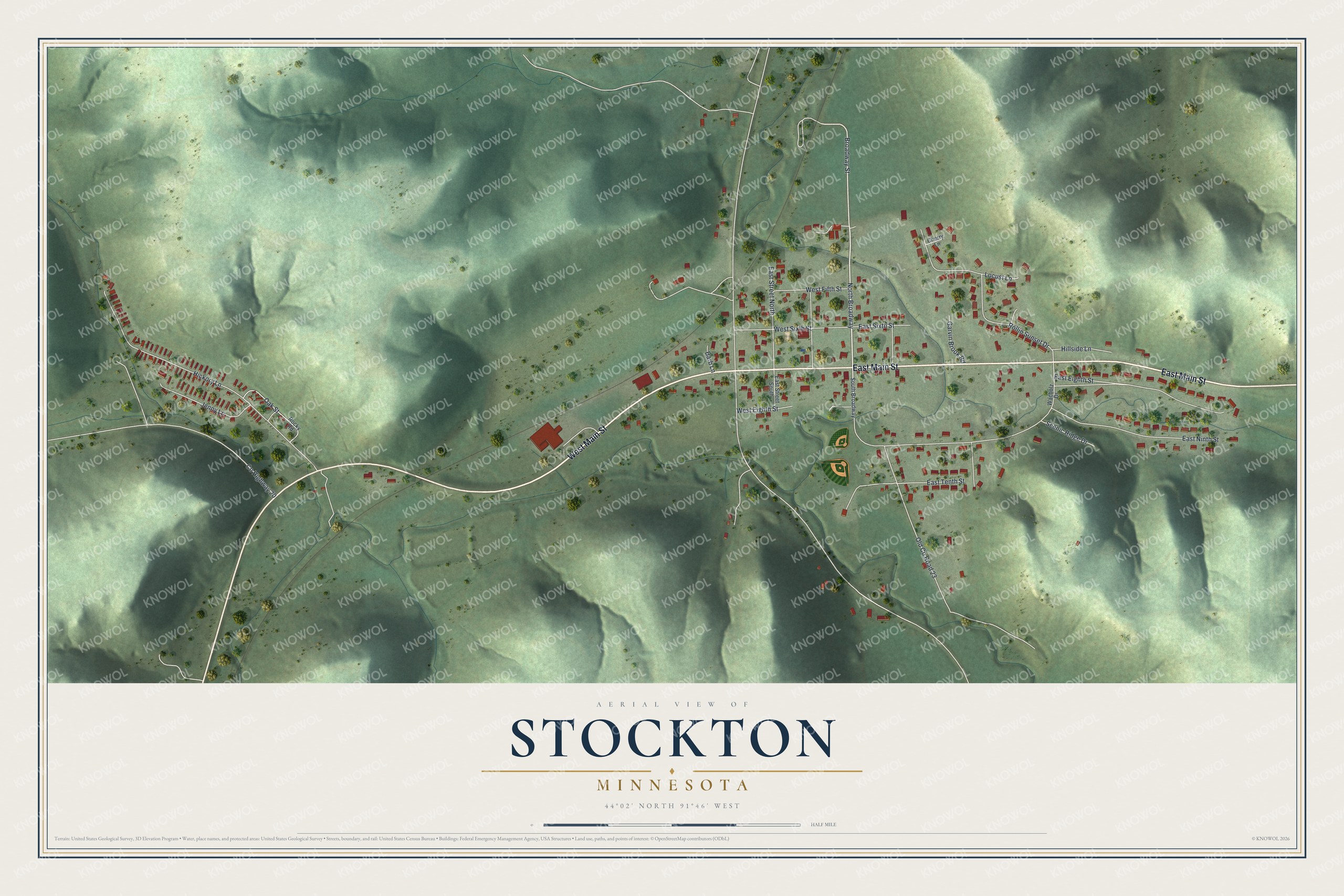Full map of Stockton, Minnesota, with red buildings, printed street names and the land around them