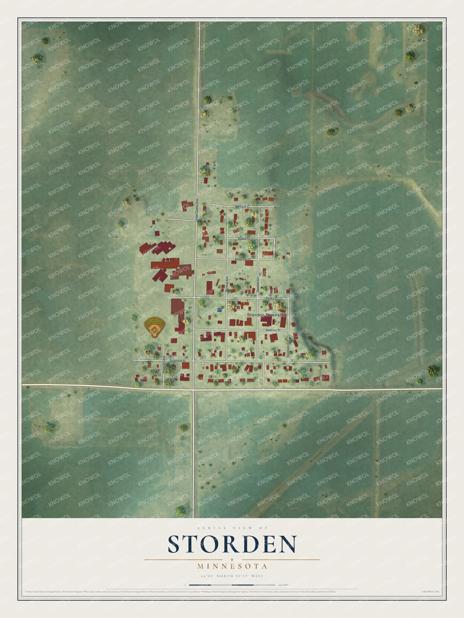 Full map of Storden, Minnesota, with red buildings, printed street names and the land around them