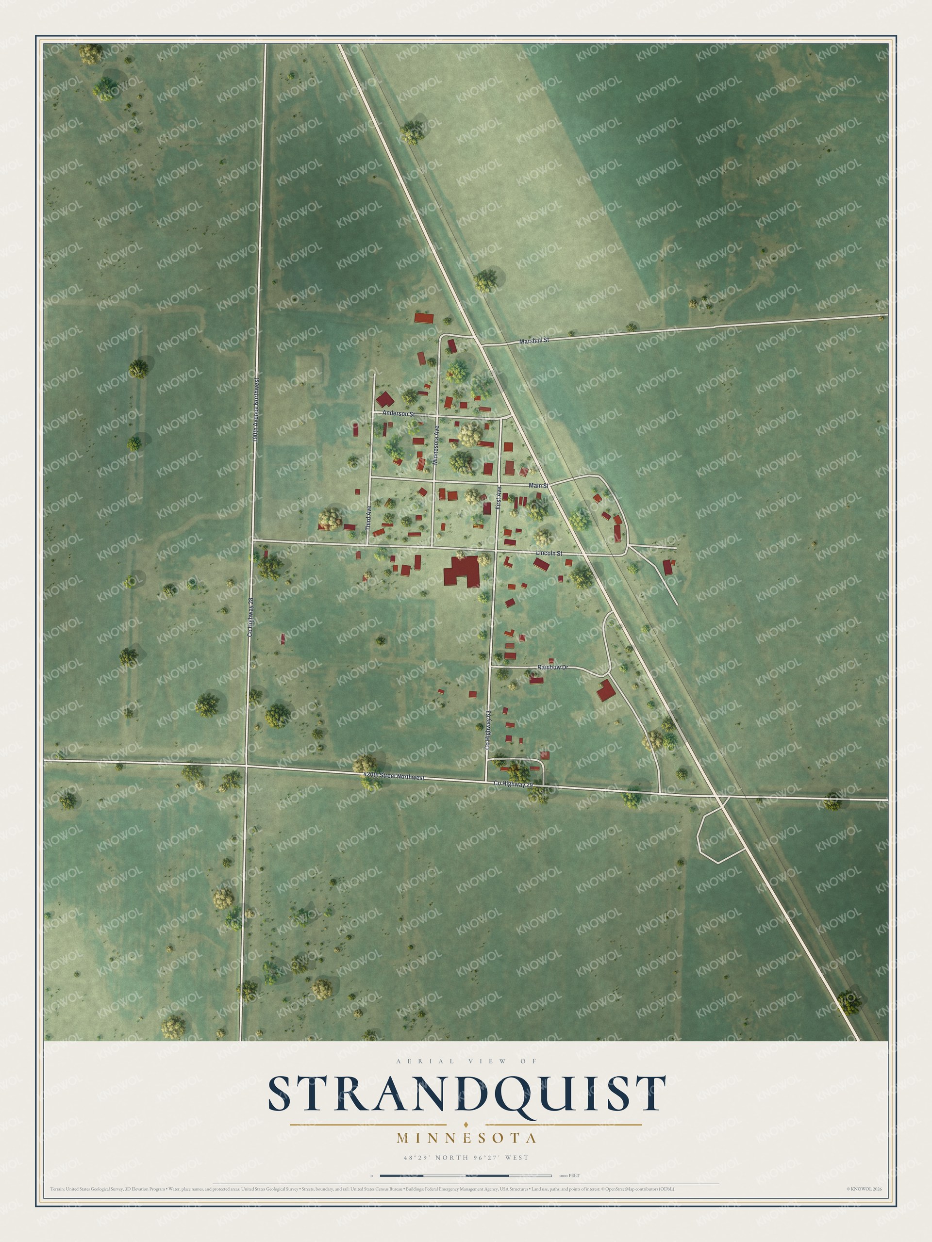 Full map of Strandquist, Minnesota, with red buildings, printed street names and the land around them