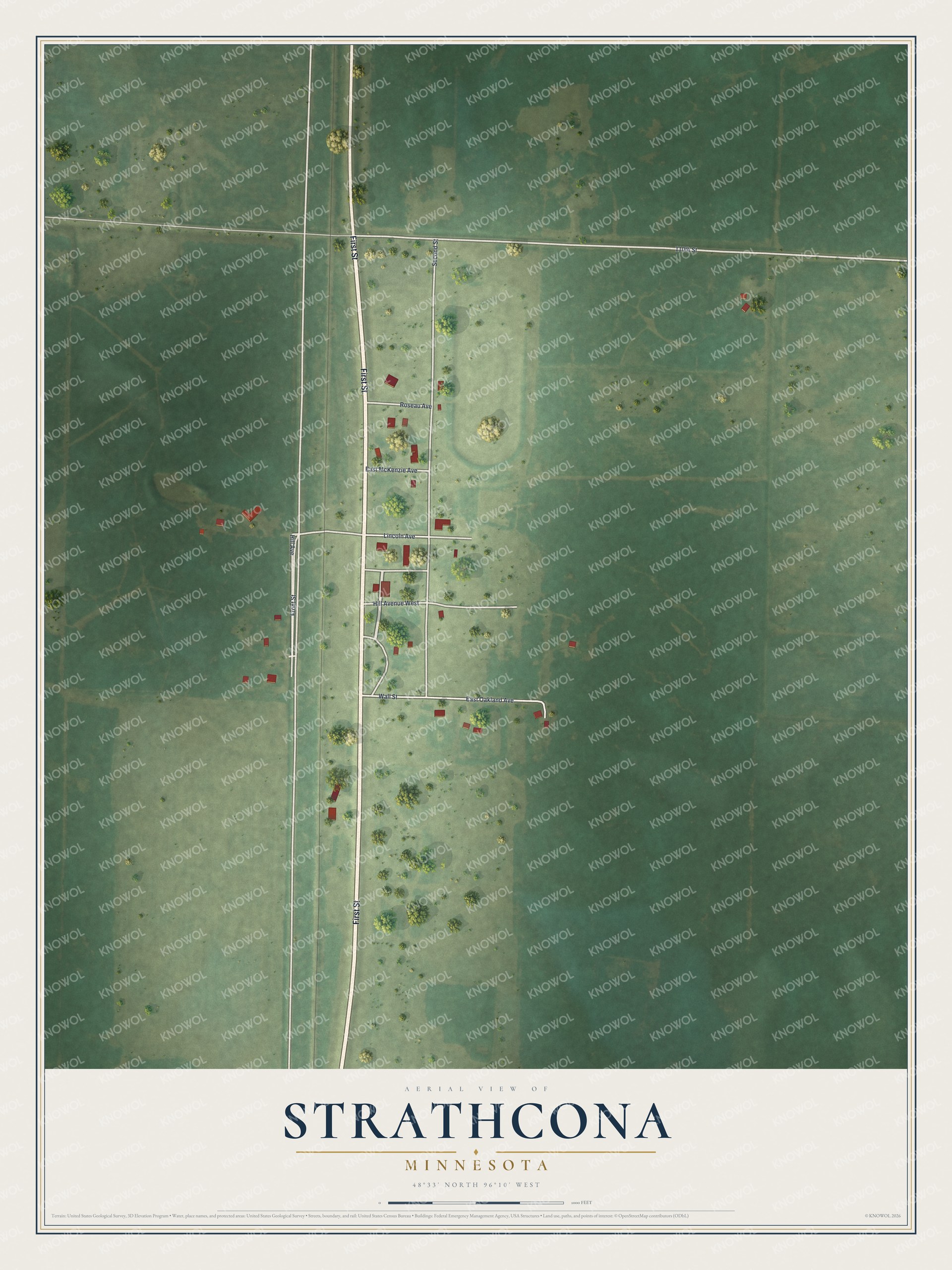 Full map of Strathcona, Minnesota, with red buildings, printed street names and the land around them