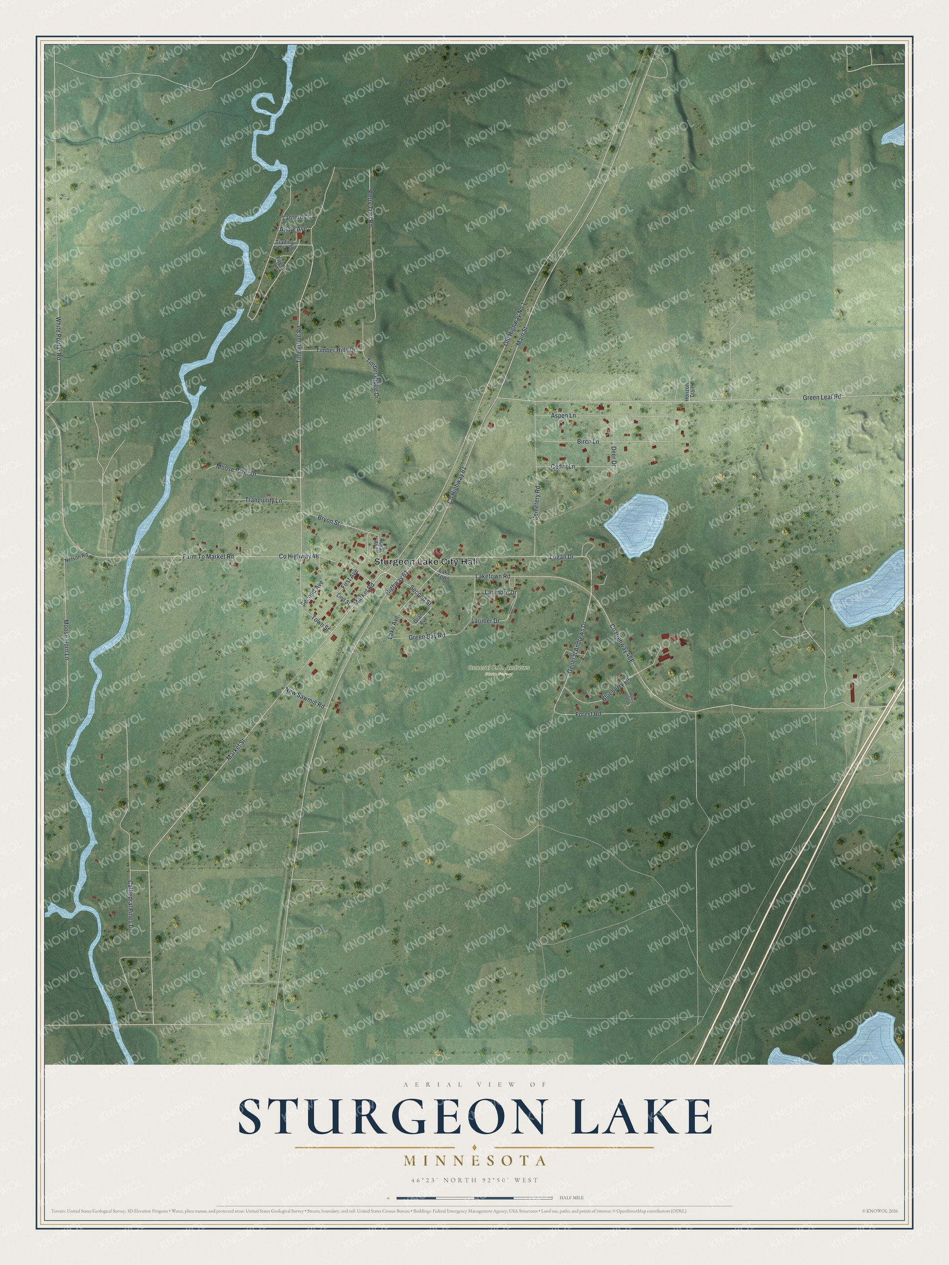Full map of Sturgeon Lake, Minnesota, with red buildings, printed street names and the land around them