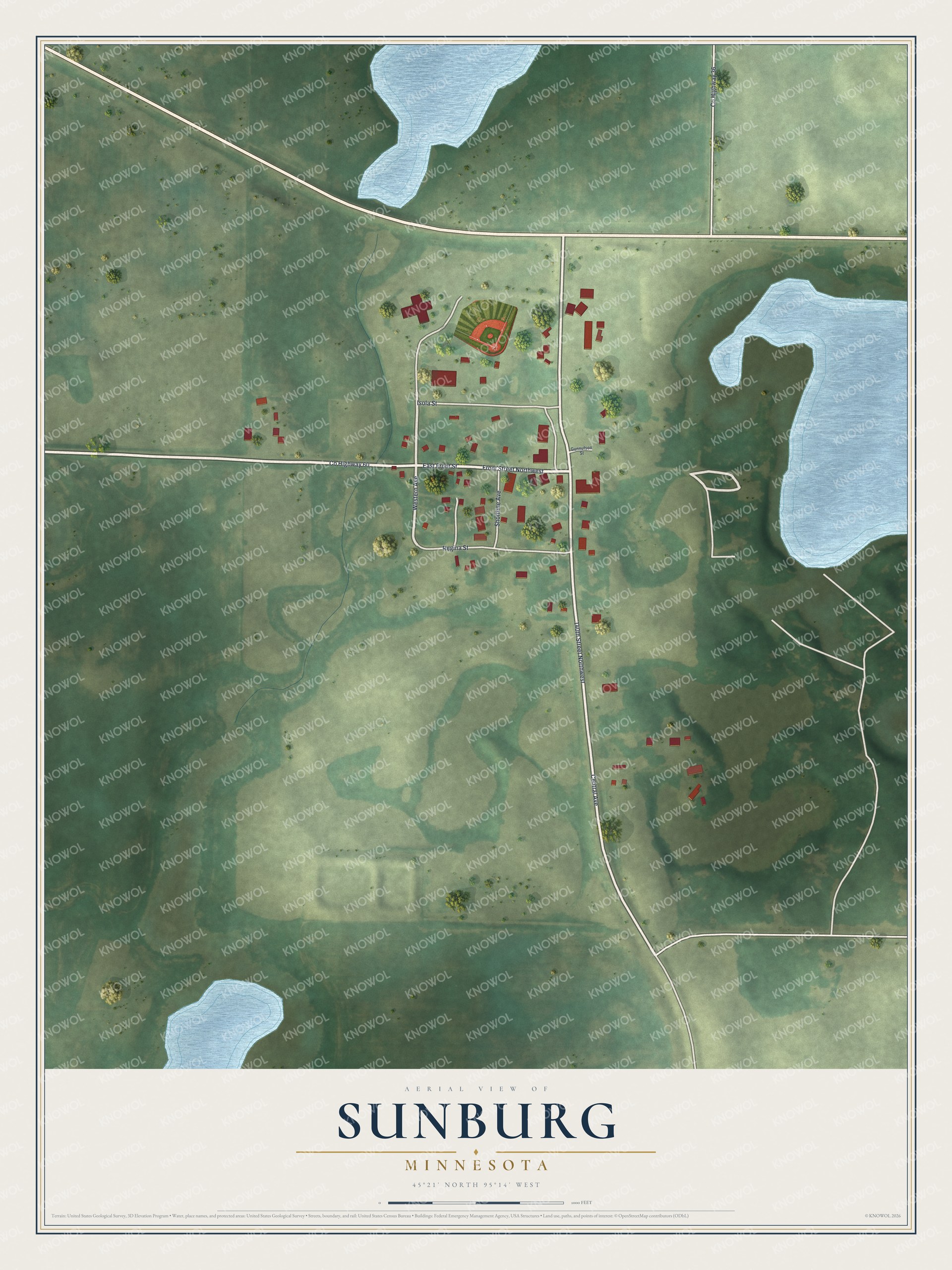 Full map of Sunburg, Minnesota, with red buildings, printed street names and the land around them