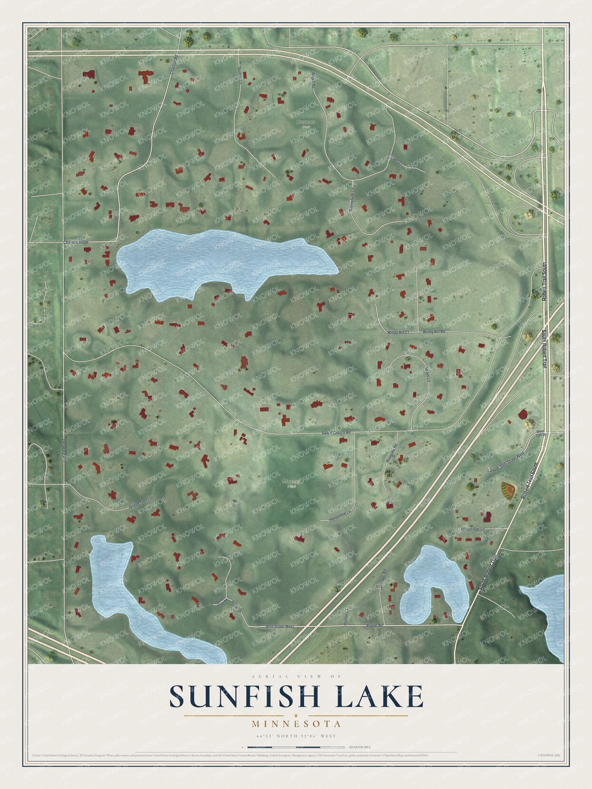 Full map of Sunfish Lake, Minnesota, with red buildings, printed street names and the land around them