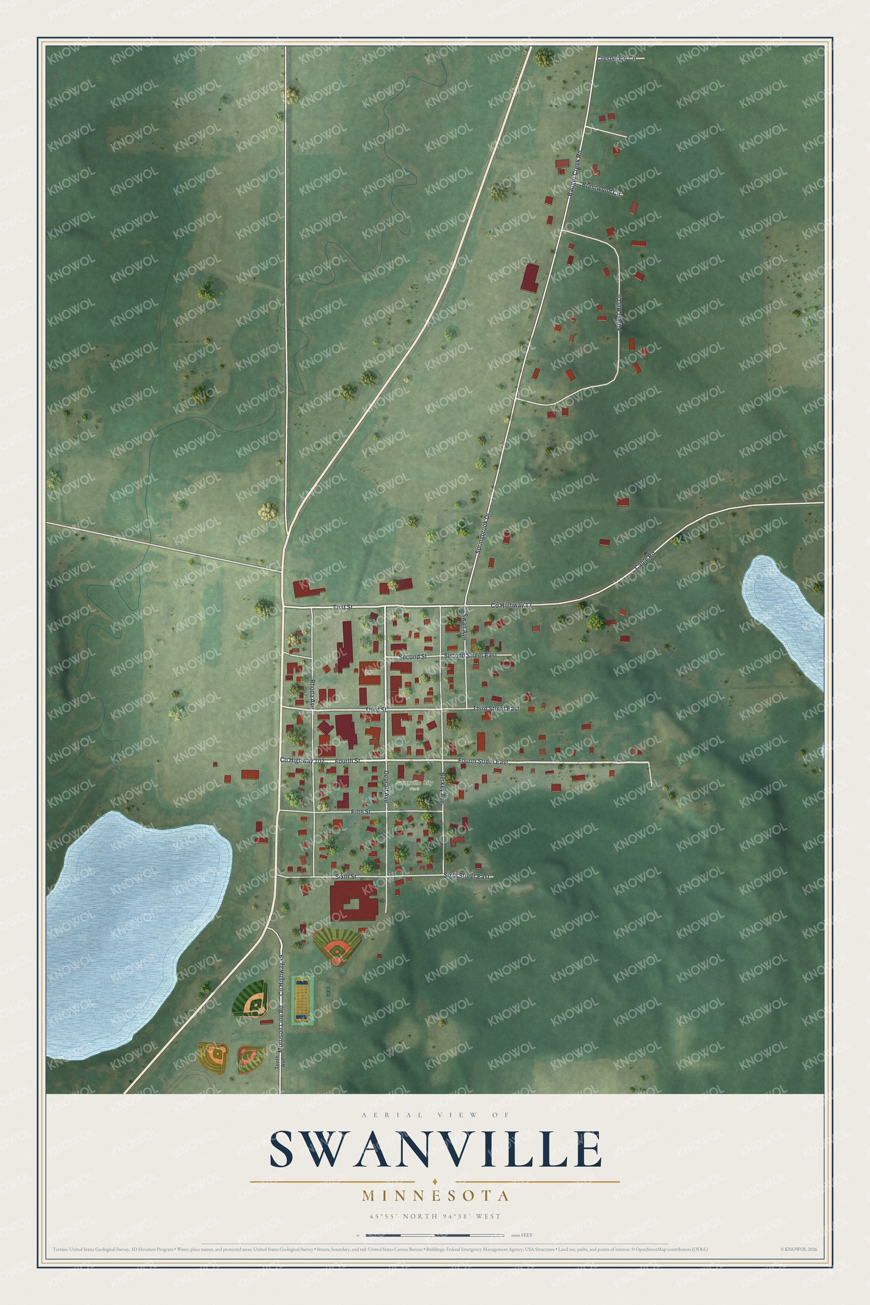 Full map of Swanville, Minnesota, with red buildings, printed street names and the land around them