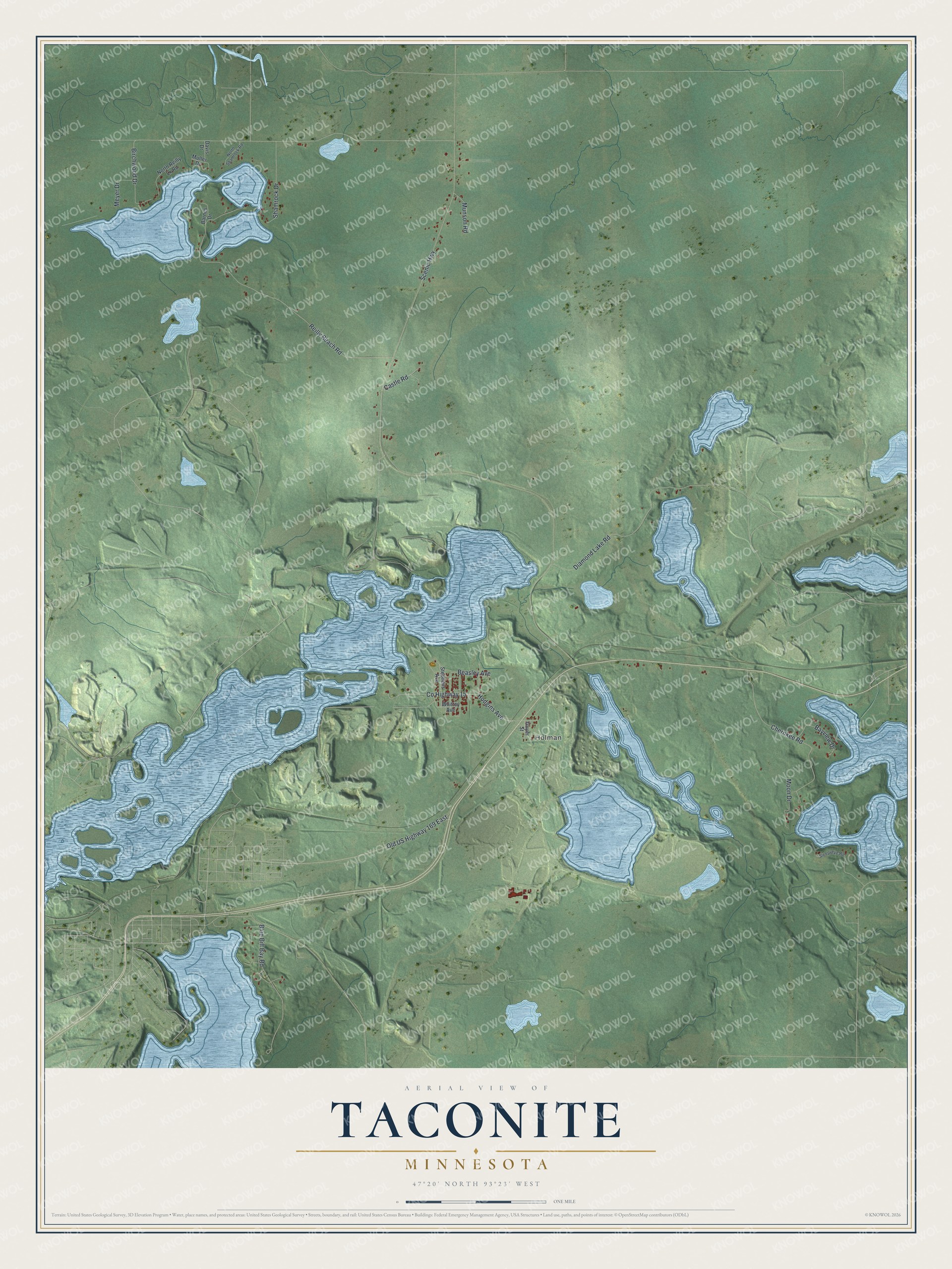 Full map of Taconite, Minnesota, with red buildings, printed street names and the land around them