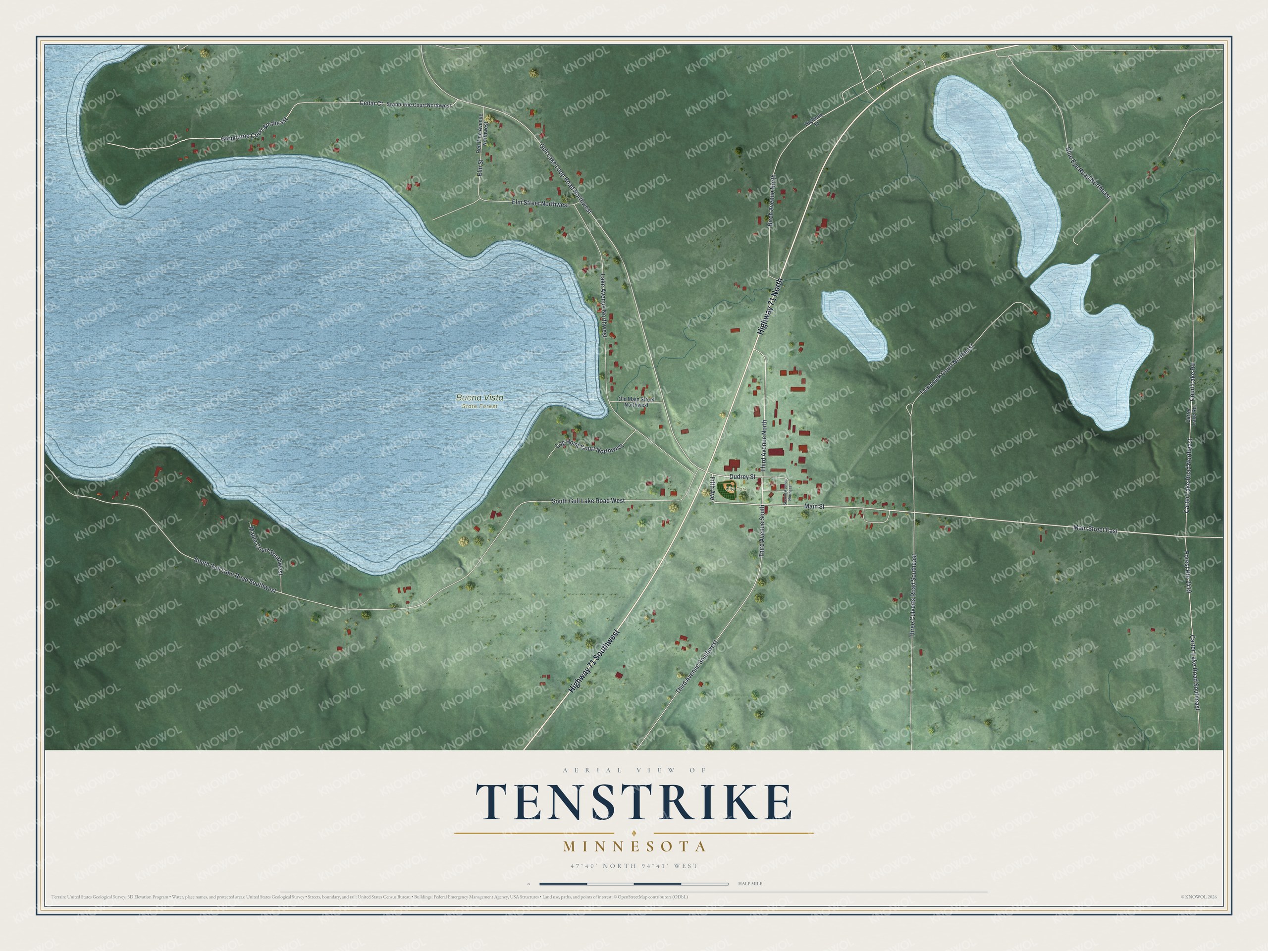 Full map of Tenstrike, Minnesota, with red buildings, printed street names and the land around them