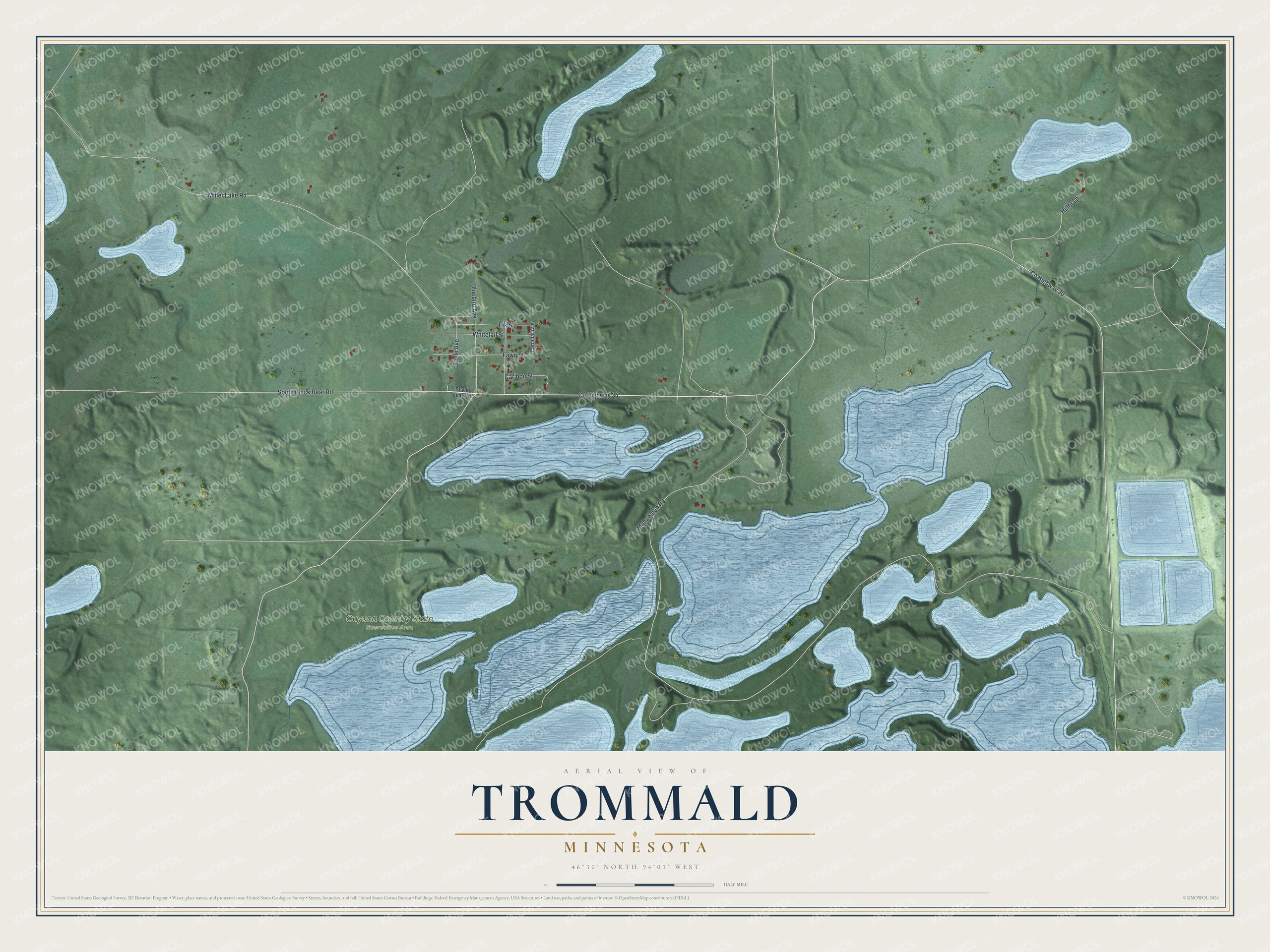 Full map of Trommald, Minnesota, with red buildings, printed street names and the land around them