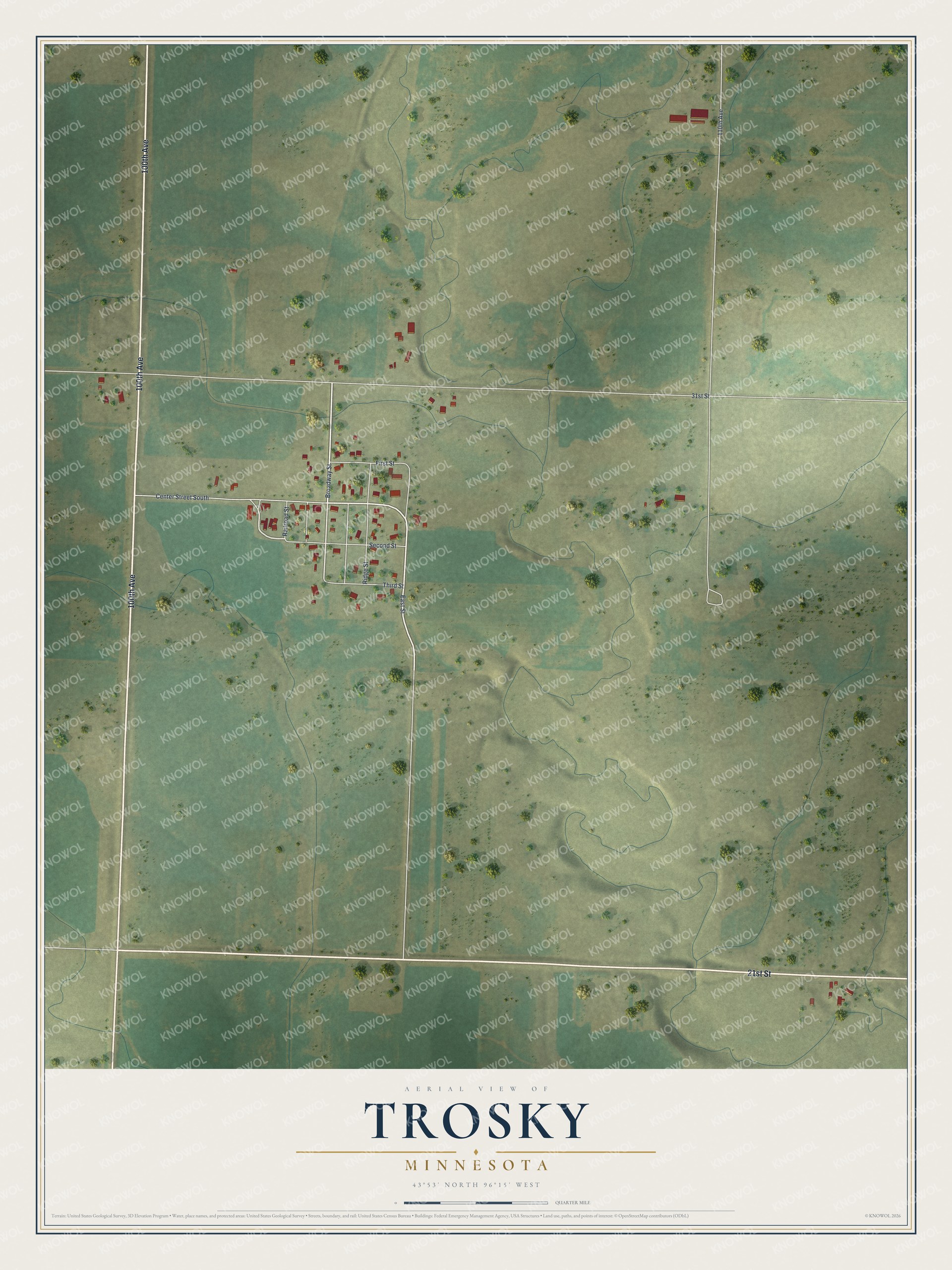 Full map of Trosky, Minnesota, with red buildings, printed street names and the land around them