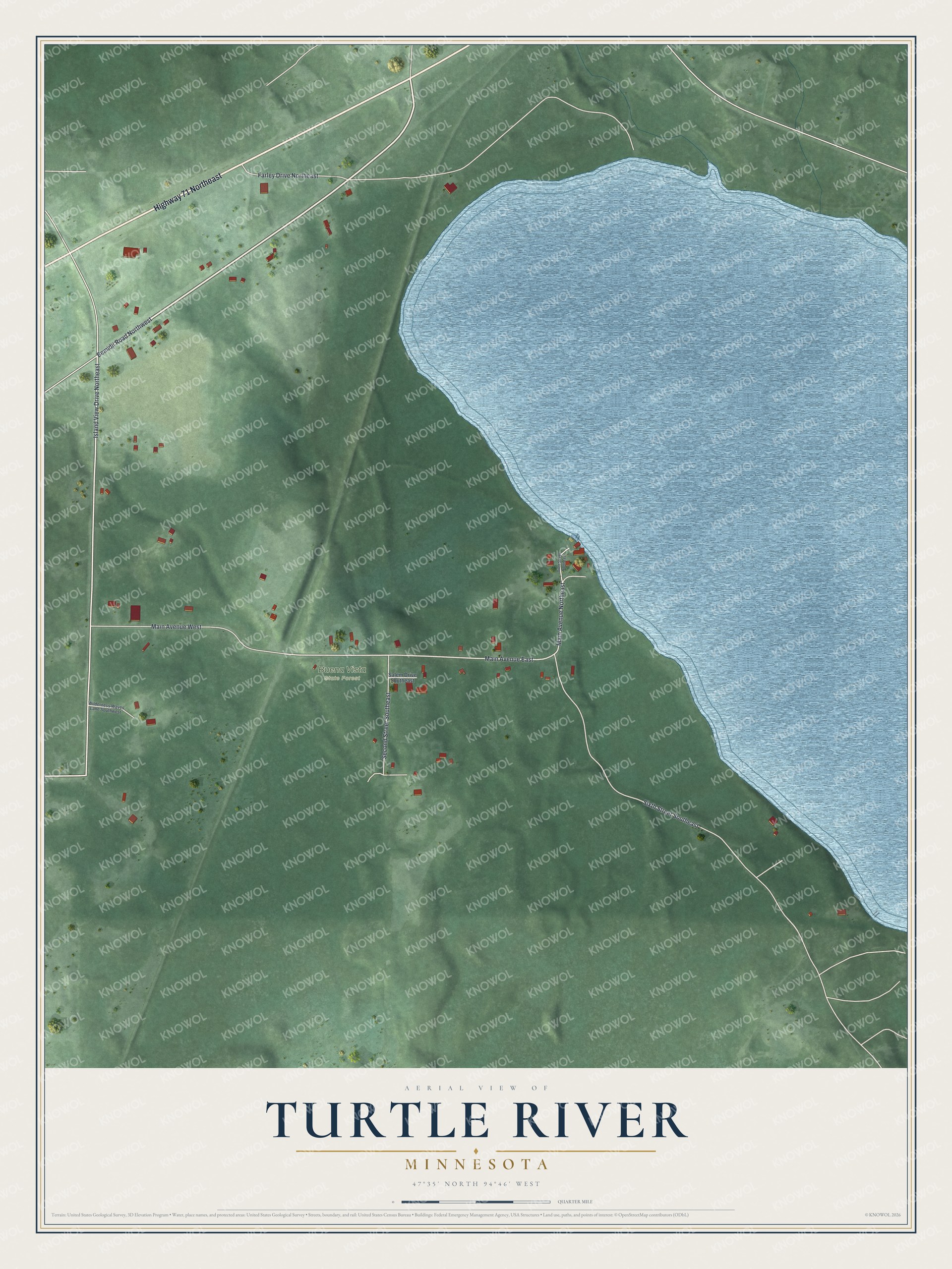Full map of Turtle River, Minnesota, with red buildings, printed street names and the land around them