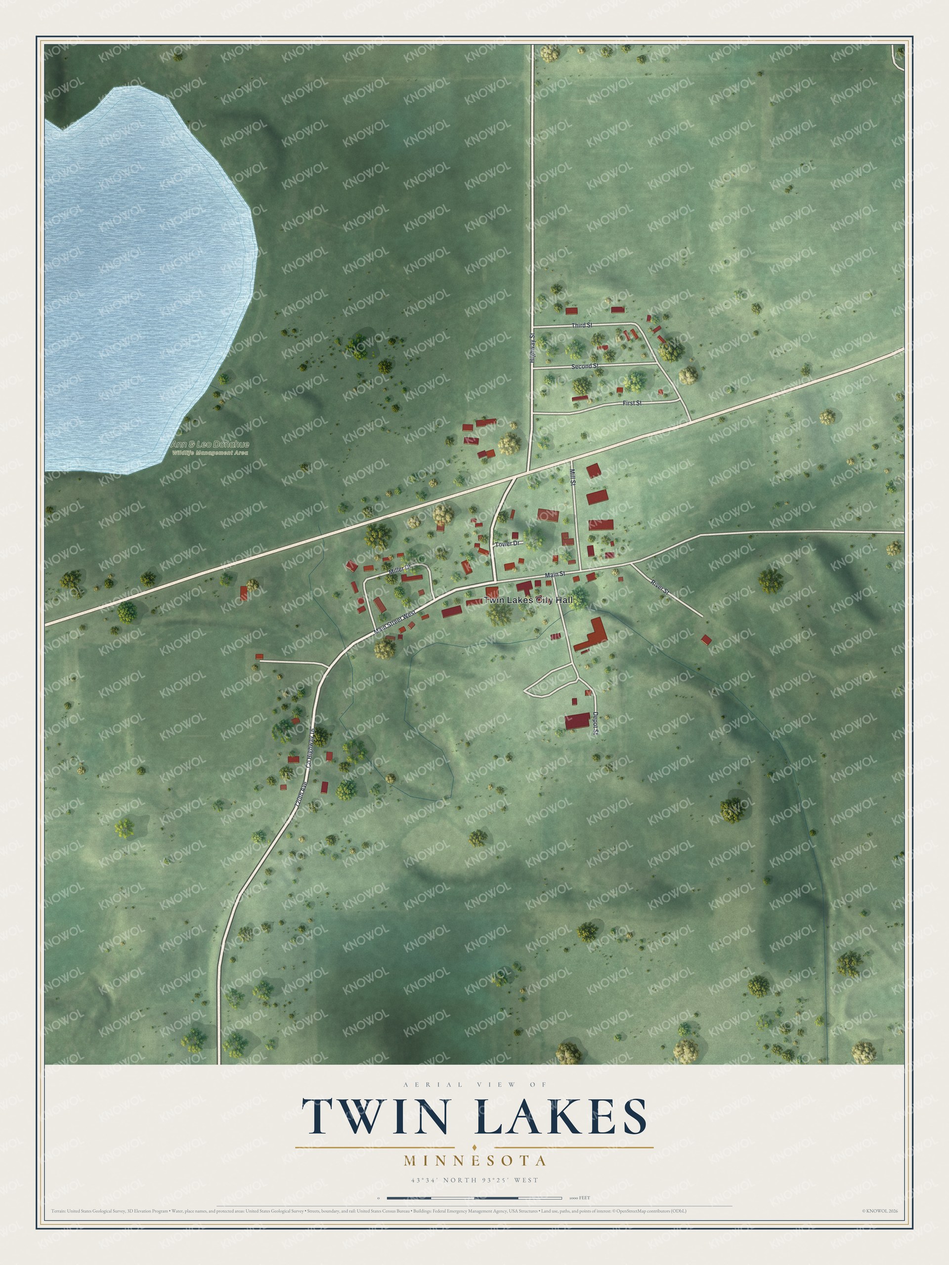Full map of Twin Lakes, Minnesota, with red buildings, printed street names and the land around them