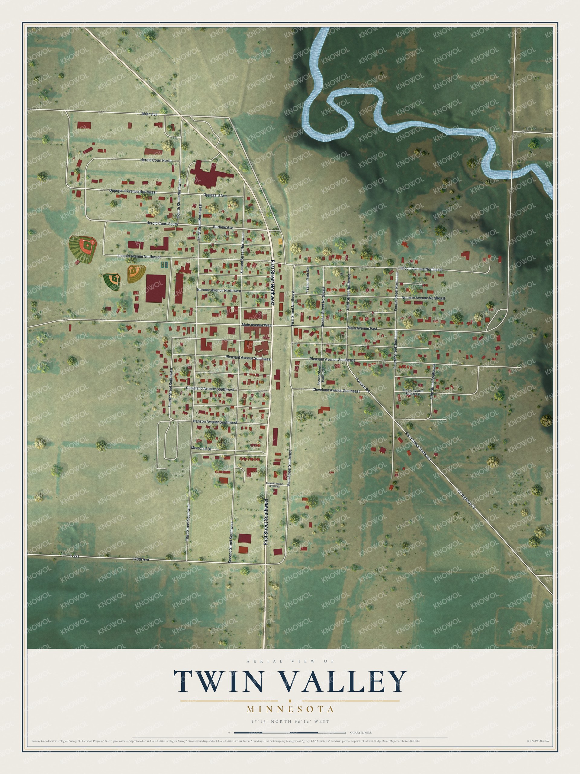 Full map of Twin Valley, Minnesota, with red buildings, printed street names and the land around them