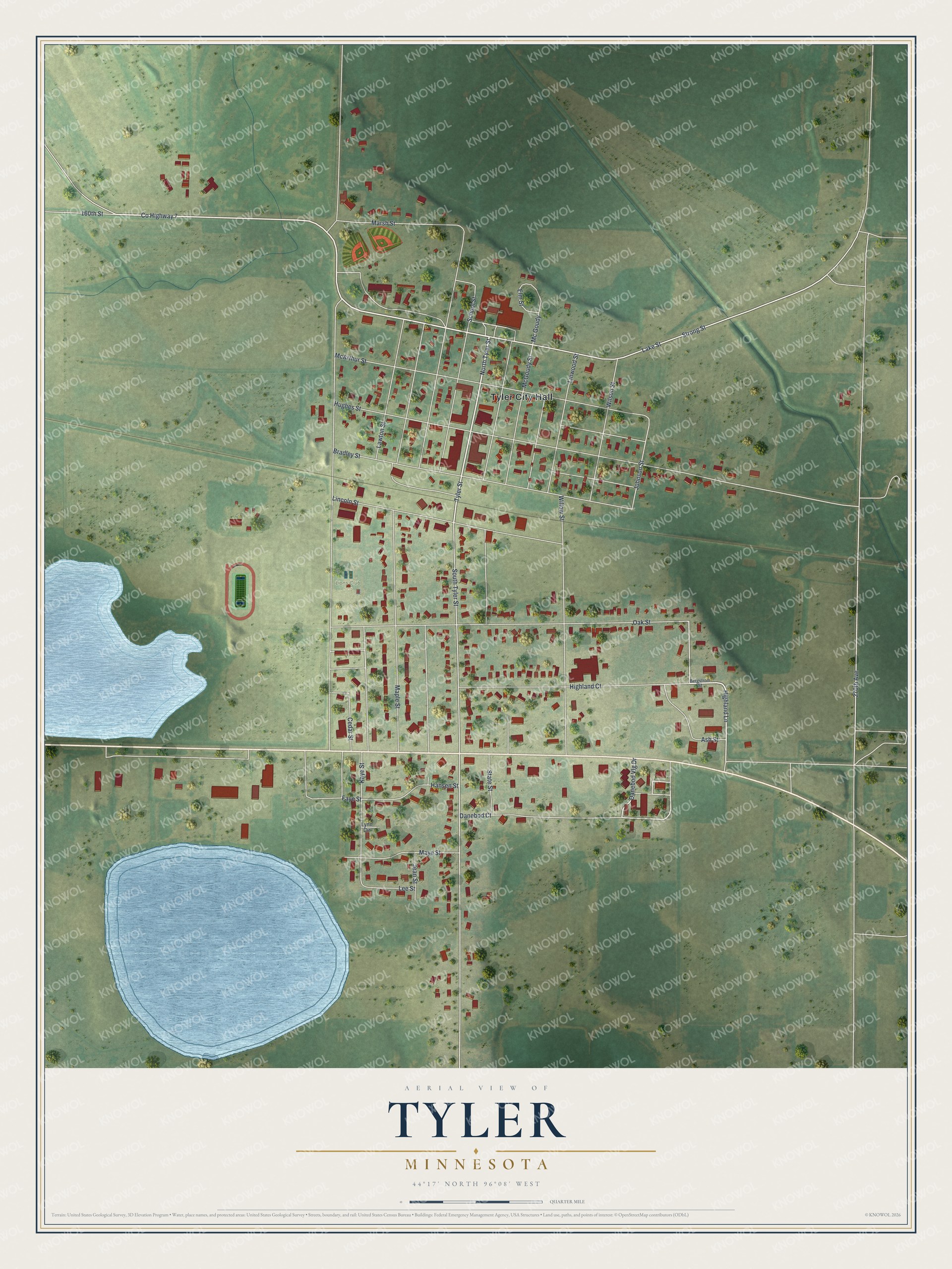 Full map of Tyler, Minnesota, with red buildings, printed street names and the land around them