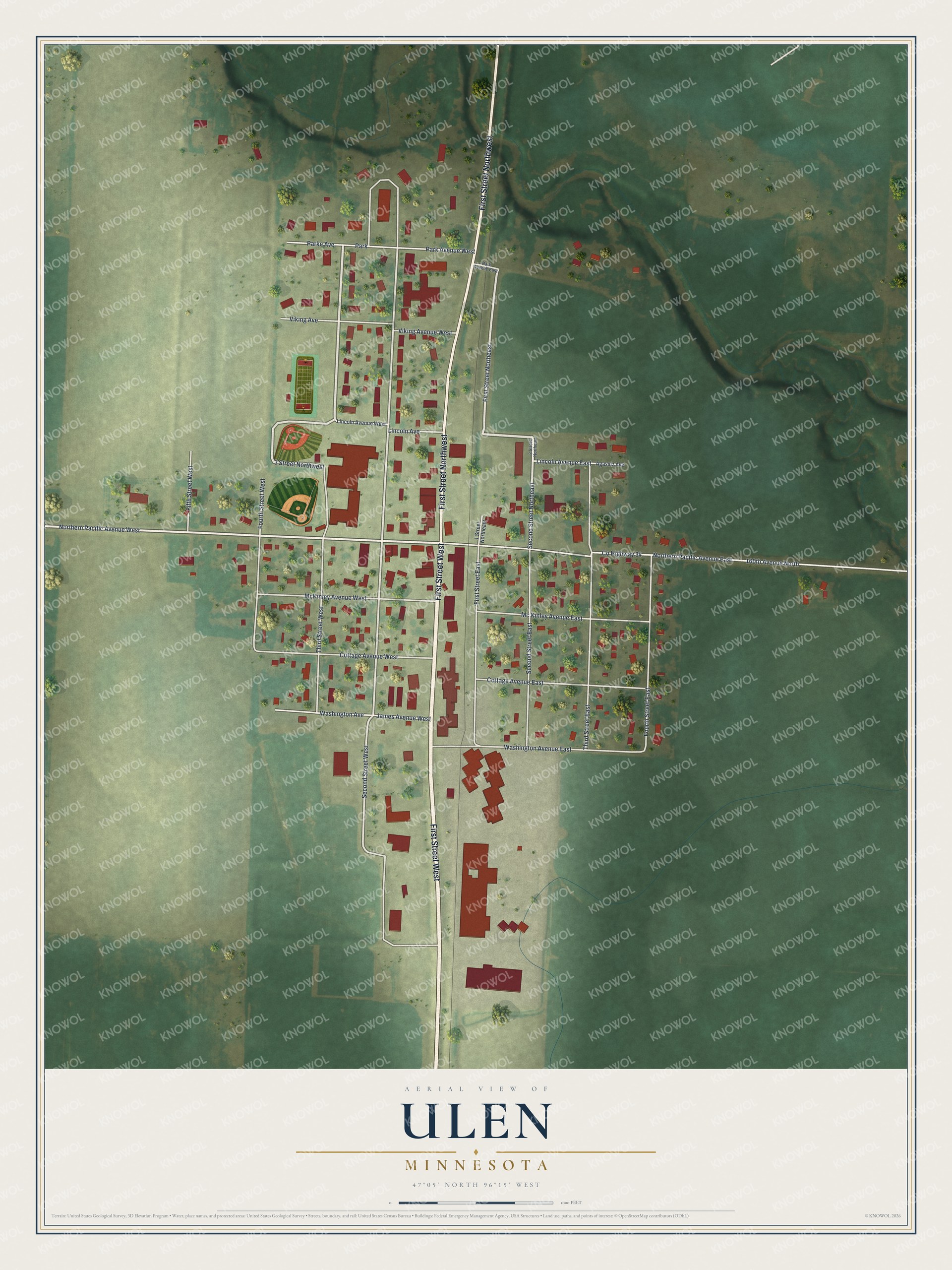 Full map of Ulen, Minnesota, with red buildings, printed street names and the land around them