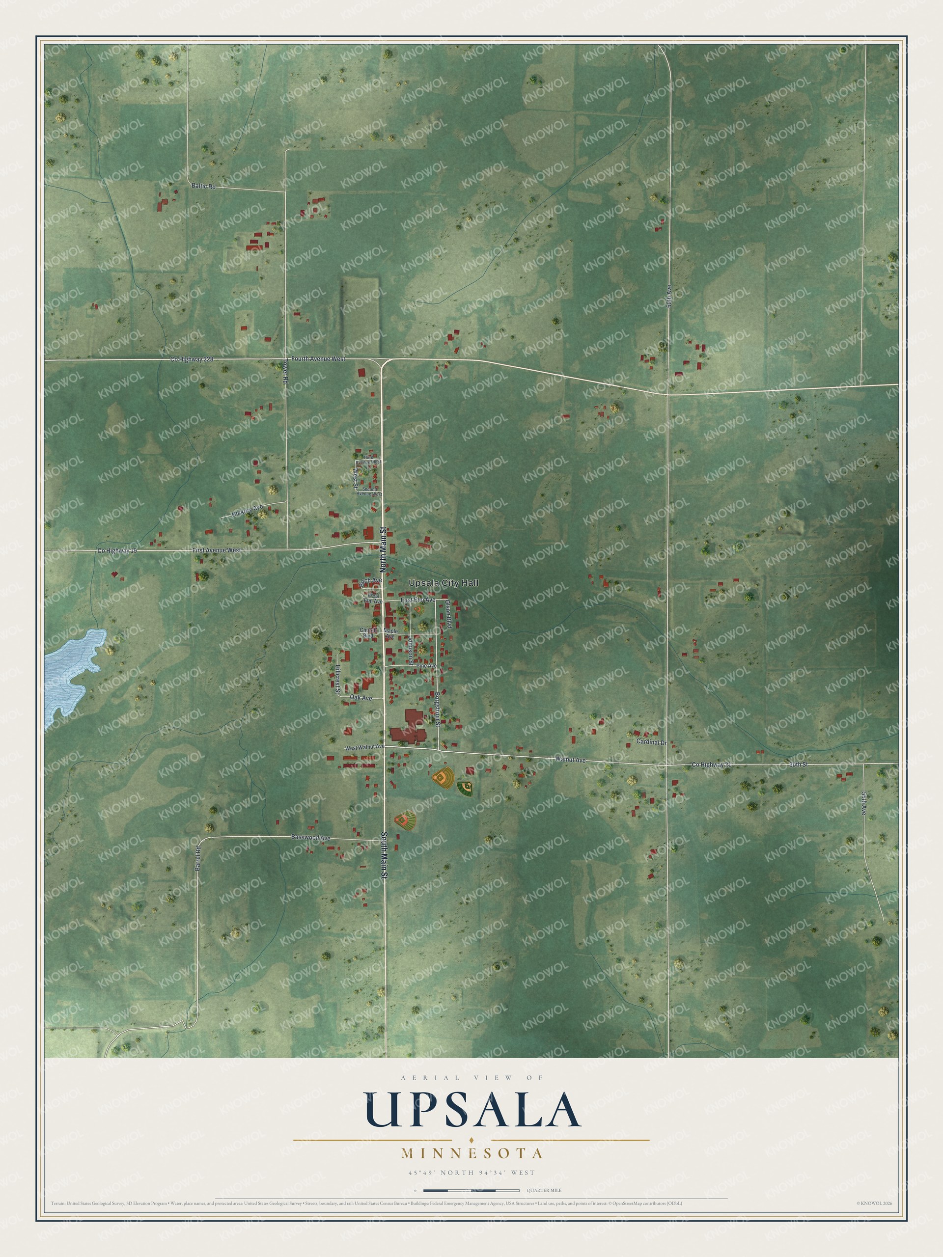Full map of Upsala, Minnesota, with red buildings, printed street names and the land around them