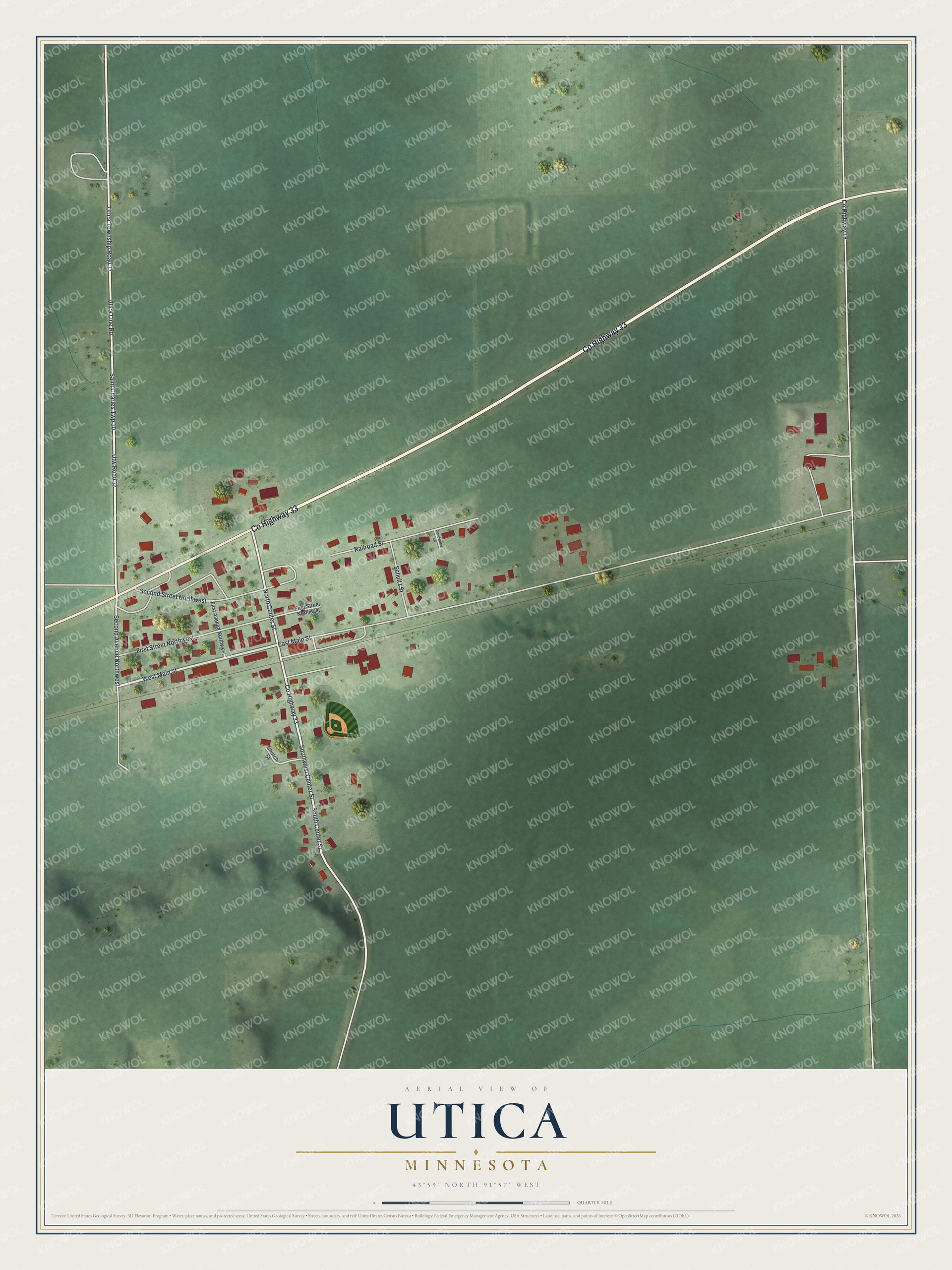 Full map of Utica, Minnesota, with red buildings, printed street names and the land around them
