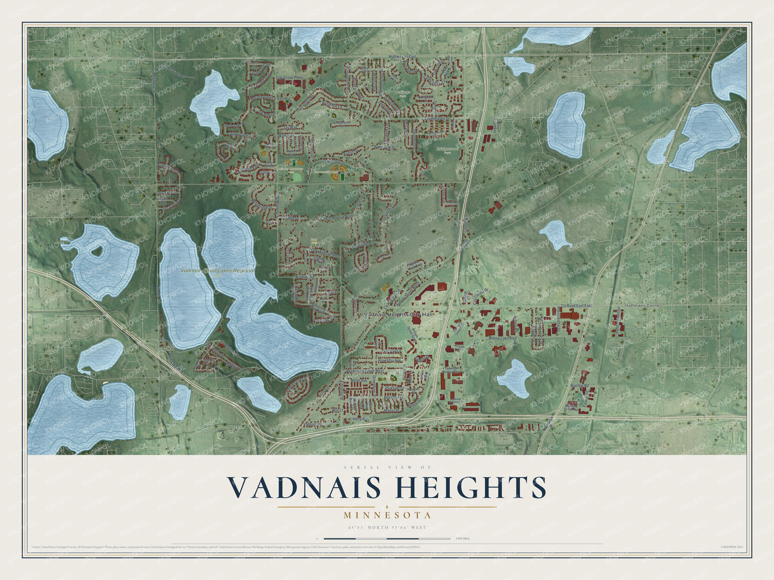 Full map of Vadnais Heights, Minnesota, with red buildings, printed street names and the land around them