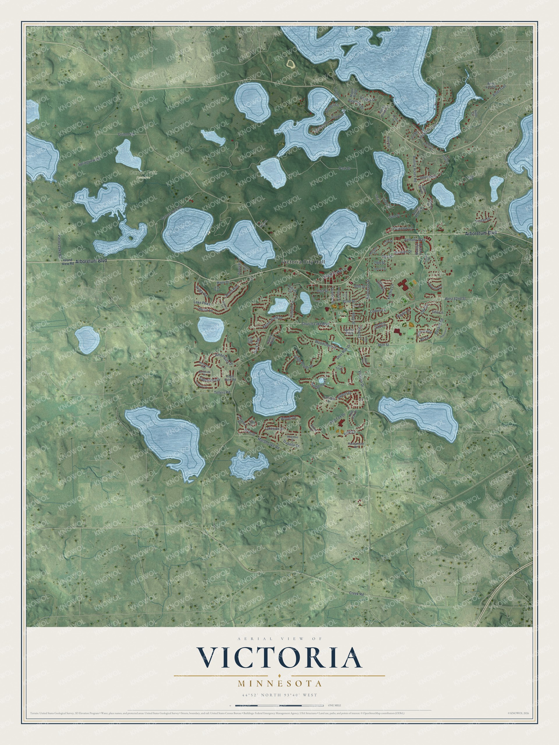 Full map of Victoria, Minnesota, with red buildings, printed street names and the land around them