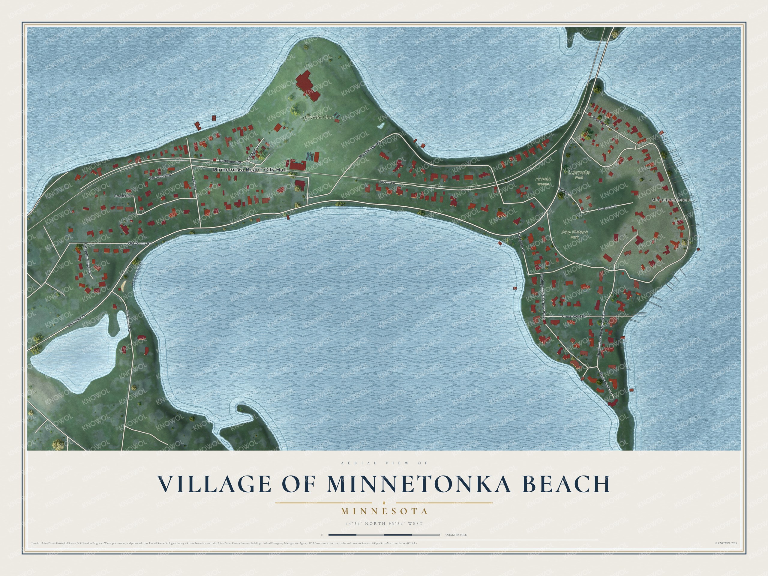 Full map of Village of Minnetonka Beach, Minnesota, with red buildings, printed street names and the land around them