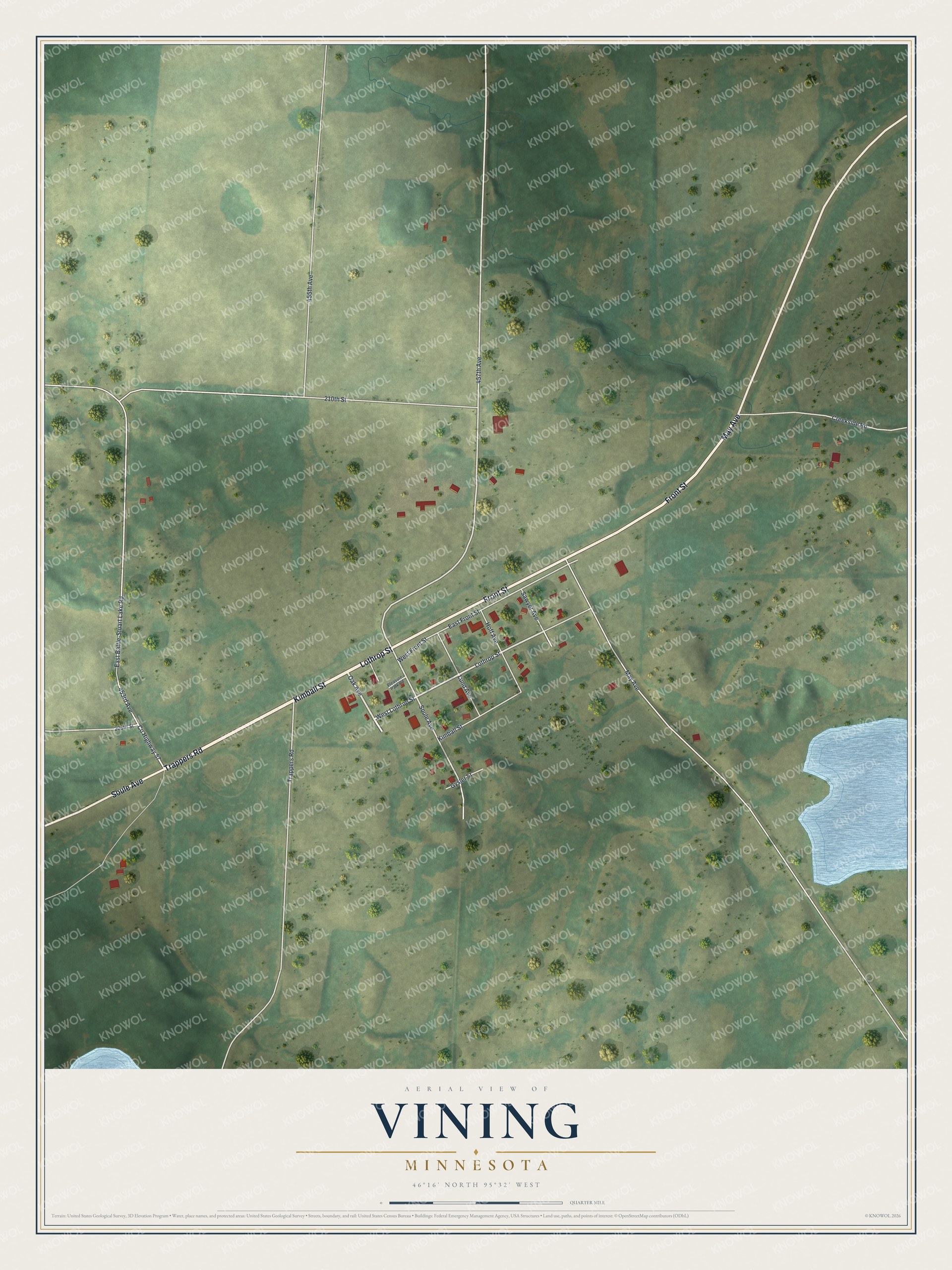 Full map of Vining, Minnesota, with red buildings, printed street names and the land around them