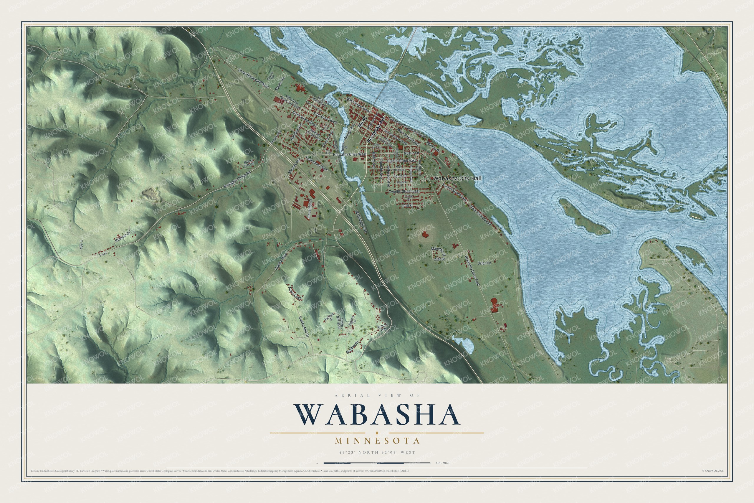 Full map of Wabasha, Minnesota, with red buildings, printed street names and the land around them
