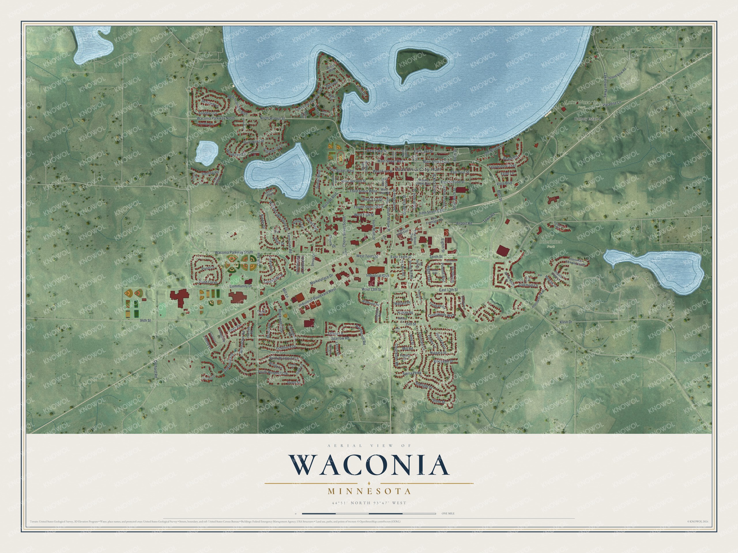 Full map of Waconia, Minnesota, with red buildings, printed street names and the land around them