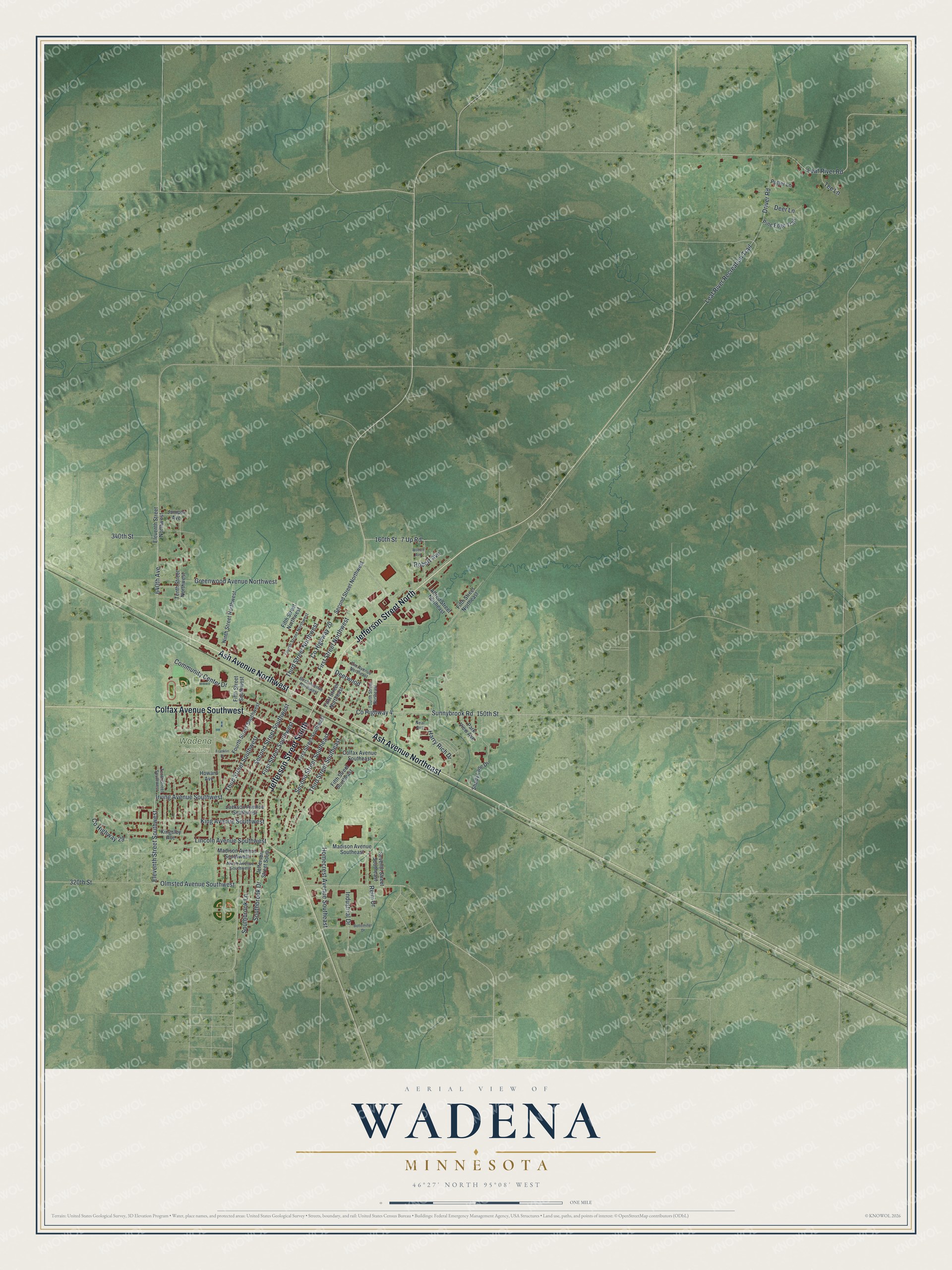 Full map of Wadena, Minnesota, with red buildings, printed street names and the land around them