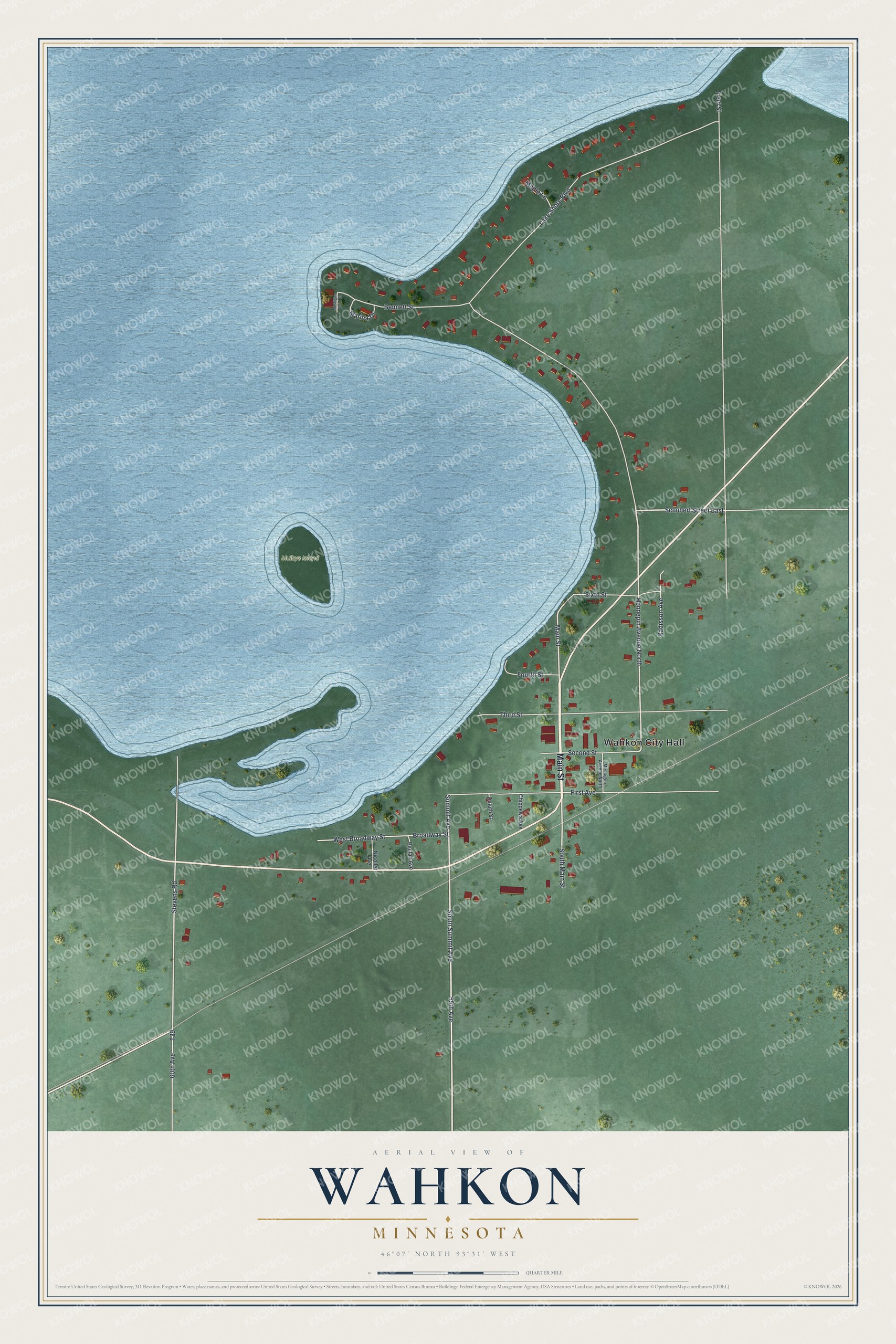 Full map of Wahkon, Minnesota, with red buildings, printed street names and the land around them