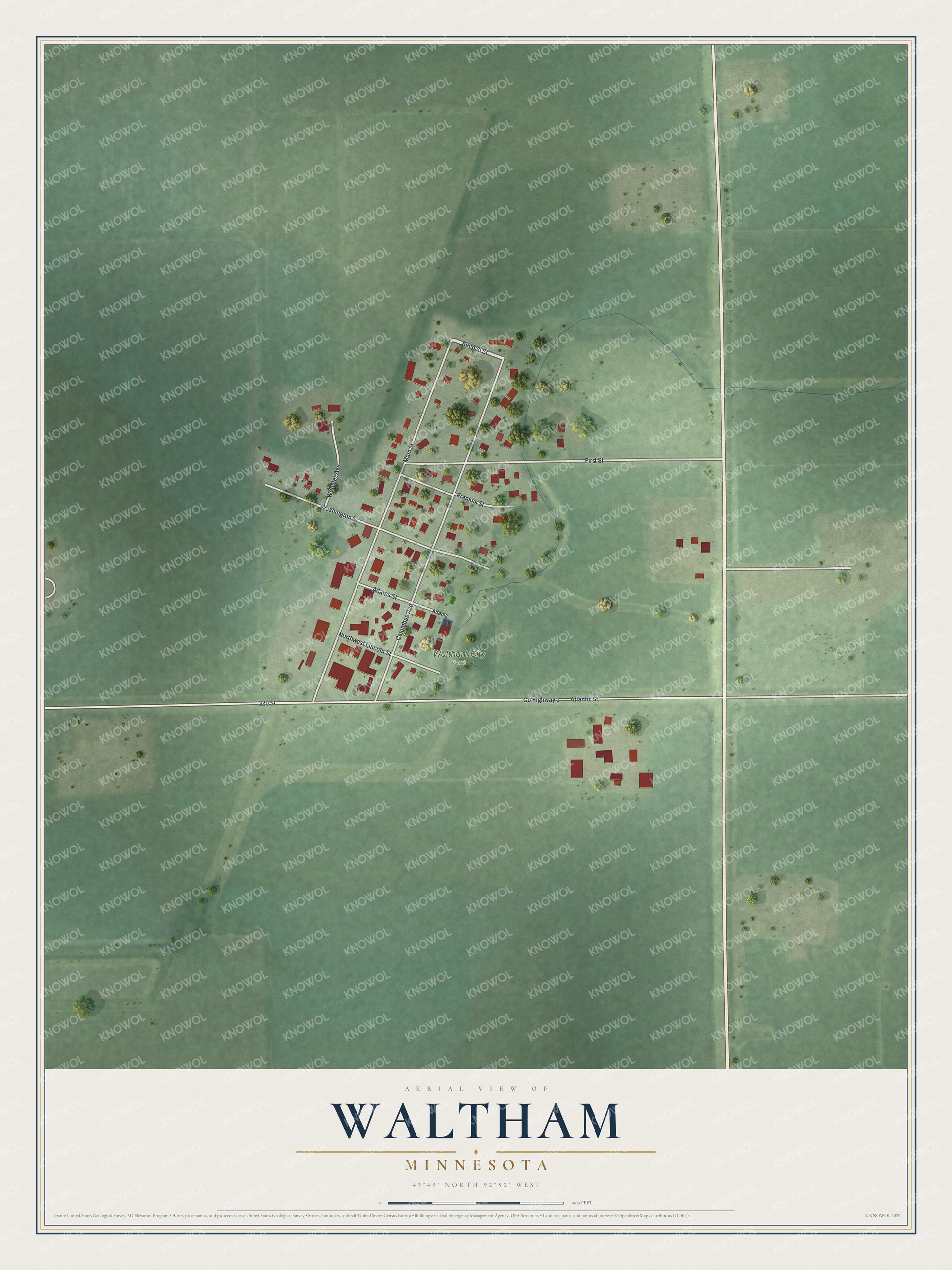 Watermarked full-map preview of Waltham, Minnesota