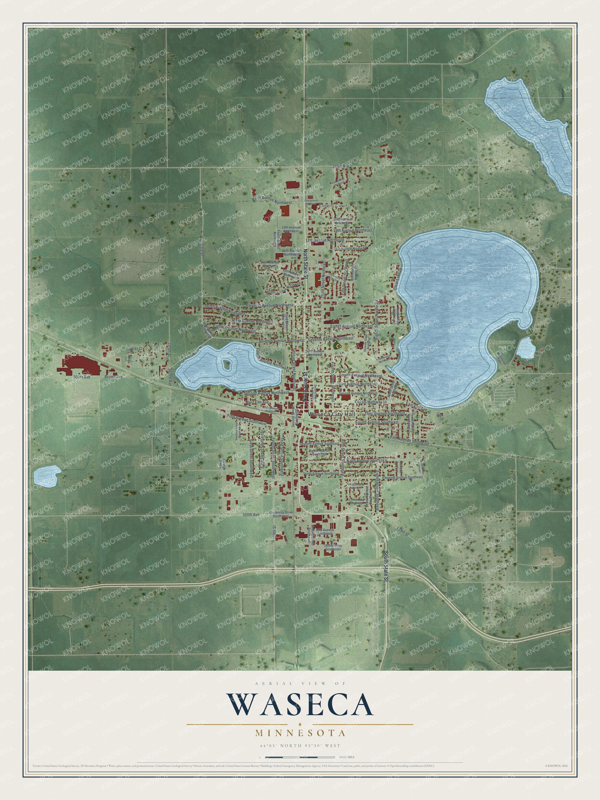 Full map of Waseca, Minnesota, with red buildings, printed street names and the land around them