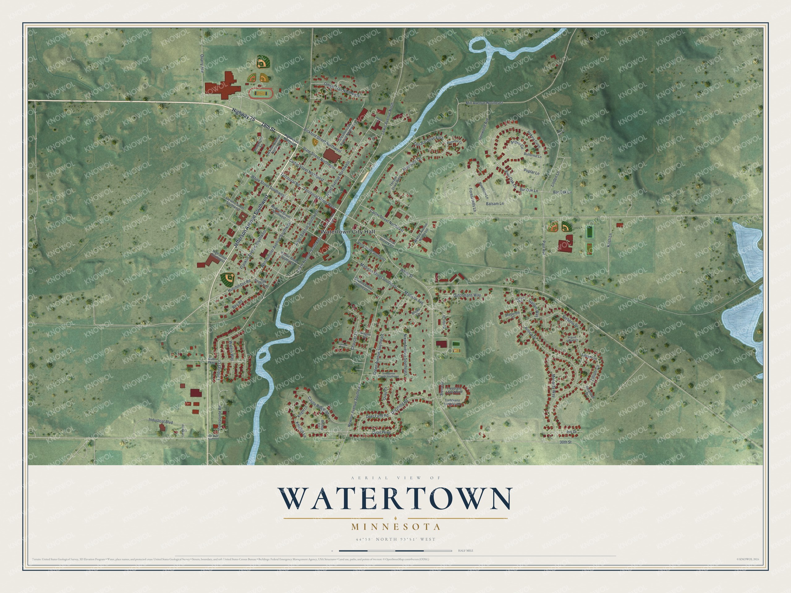 Full map of Watertown, Minnesota, with red buildings, printed street names and the land around them
