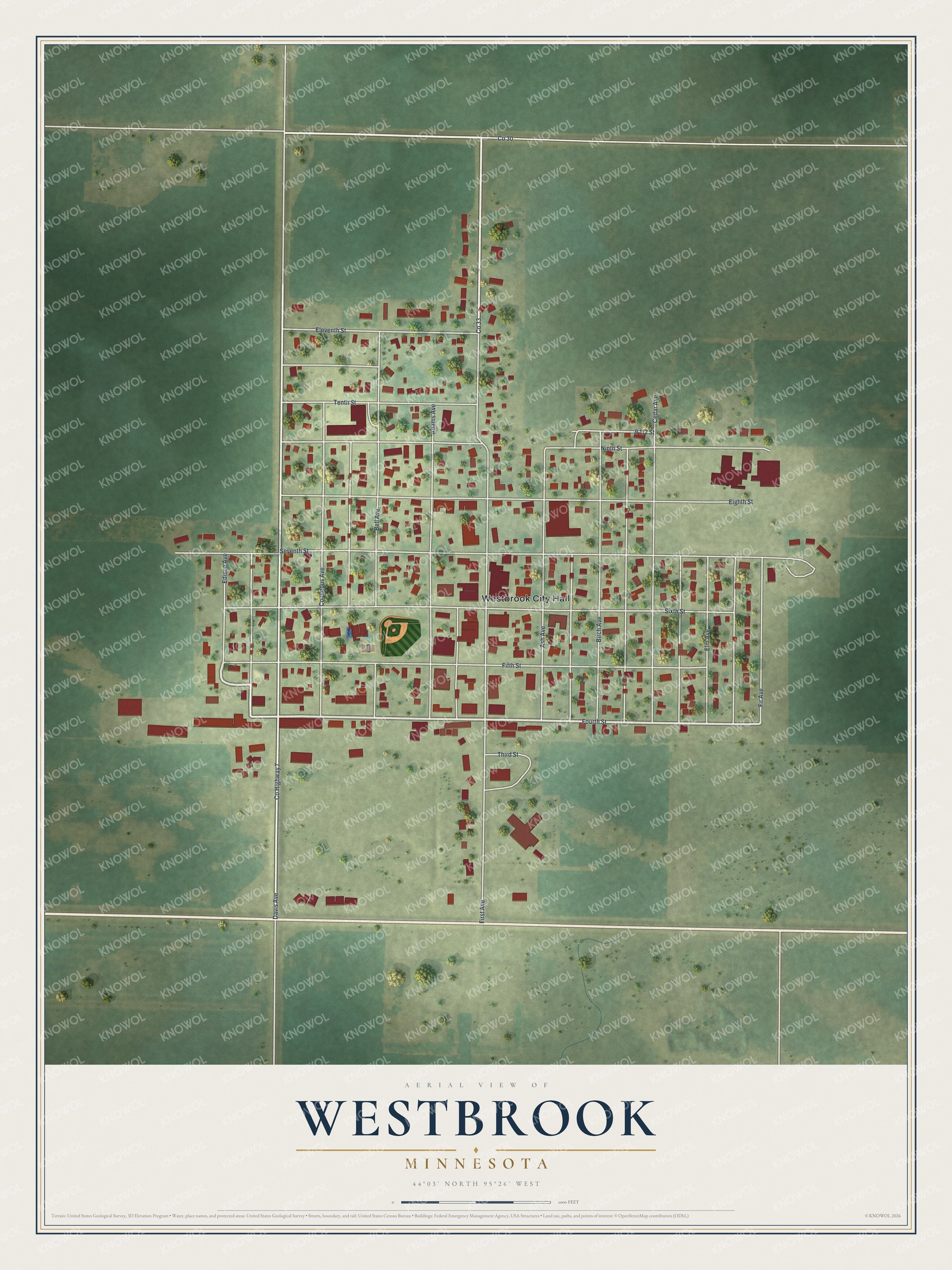 Full map of Westbrook, Minnesota, with red buildings, printed street names and the land around them