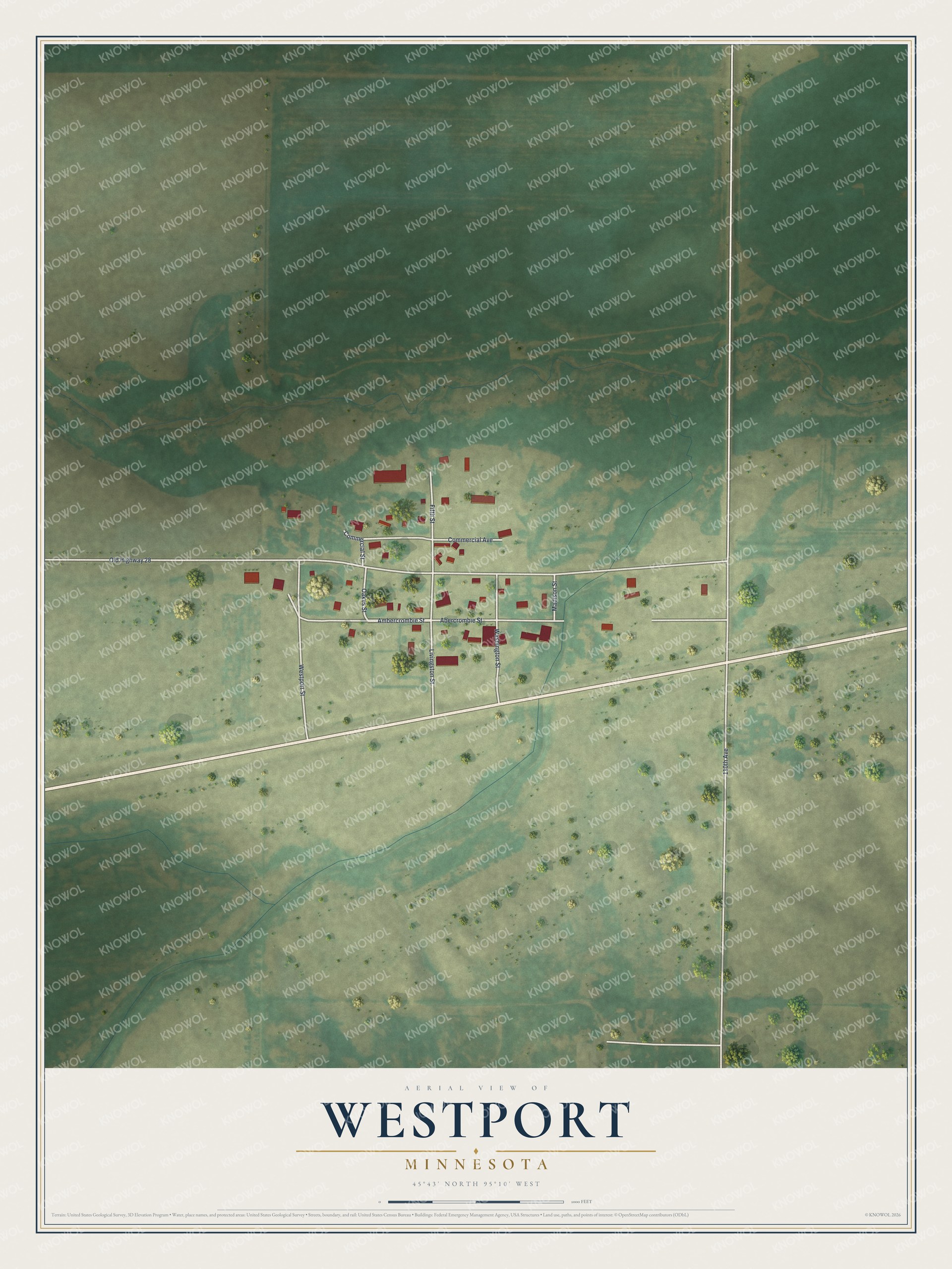 Full map of Westport, Minnesota, with red buildings, printed street names and the land around them