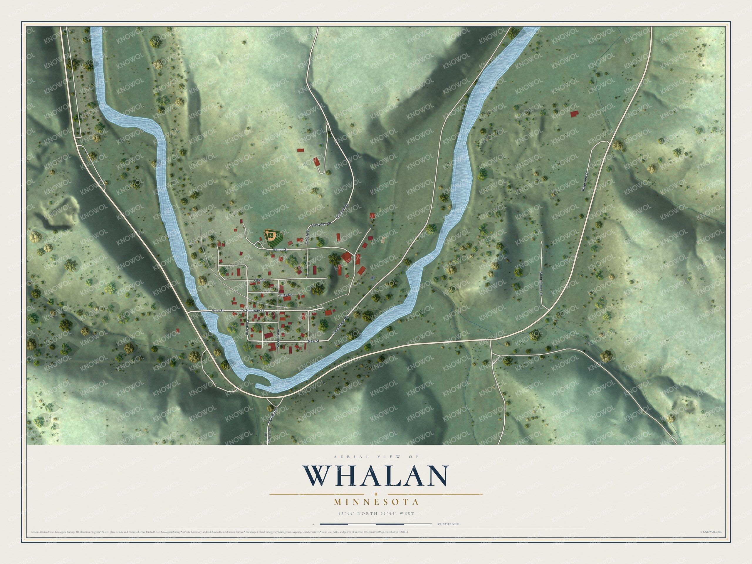 Full map of Whalan, Minnesota, with red buildings, printed street names and the land around them