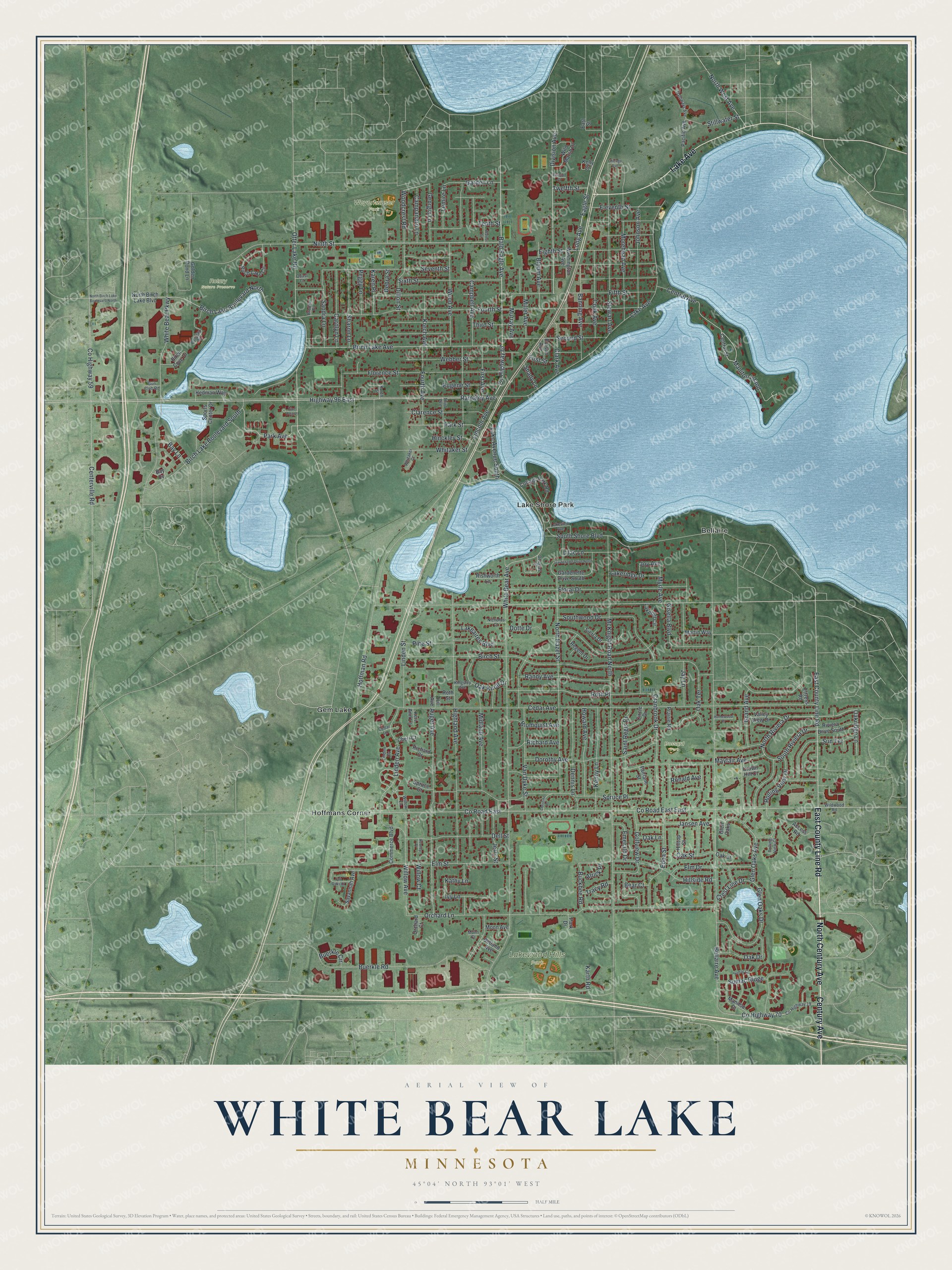 Full map of White Bear Lake, Minnesota, with red buildings, printed street names and the land around them