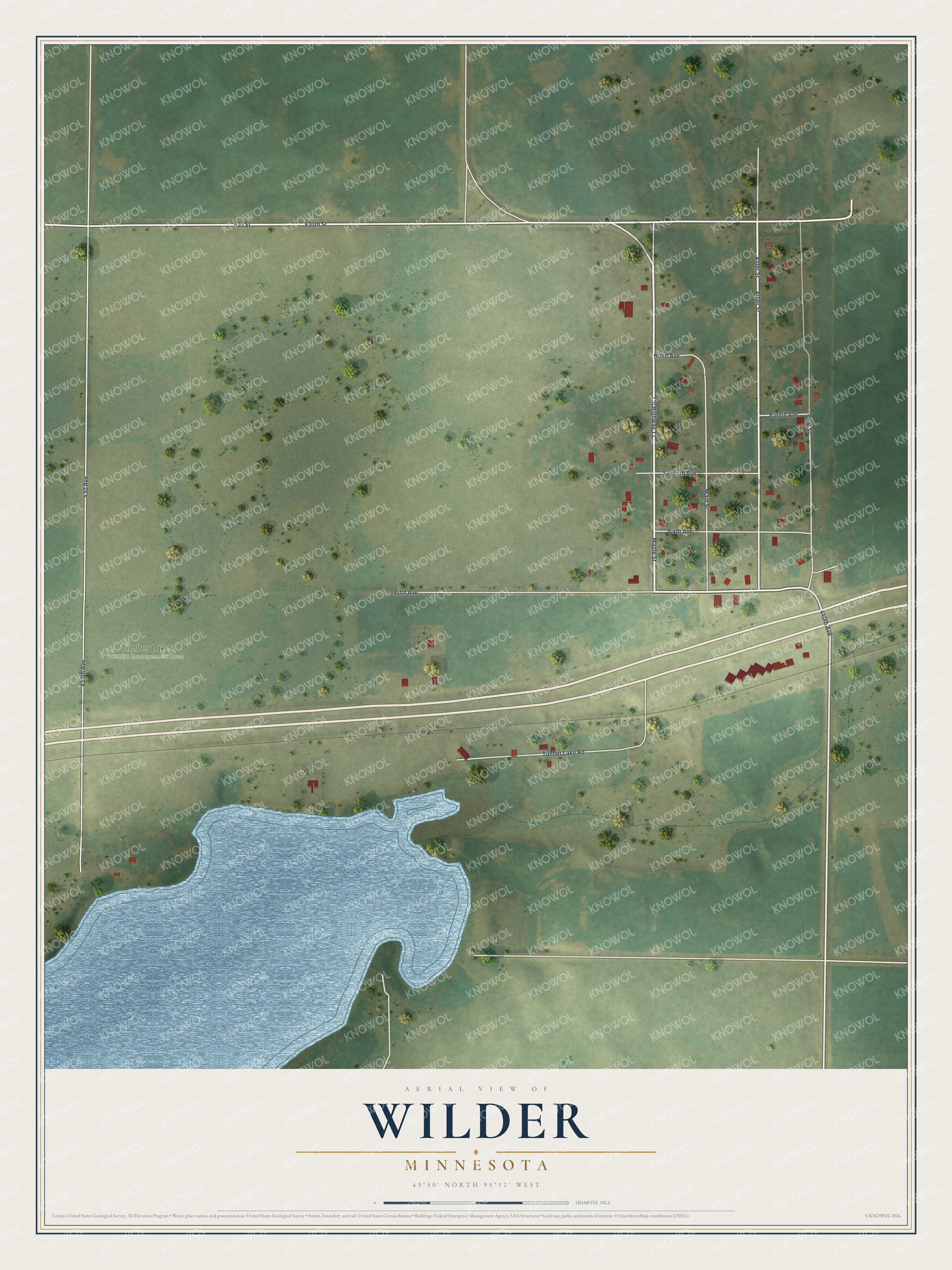 Full map of Wilder, Minnesota, with red buildings, printed street names and the land around them