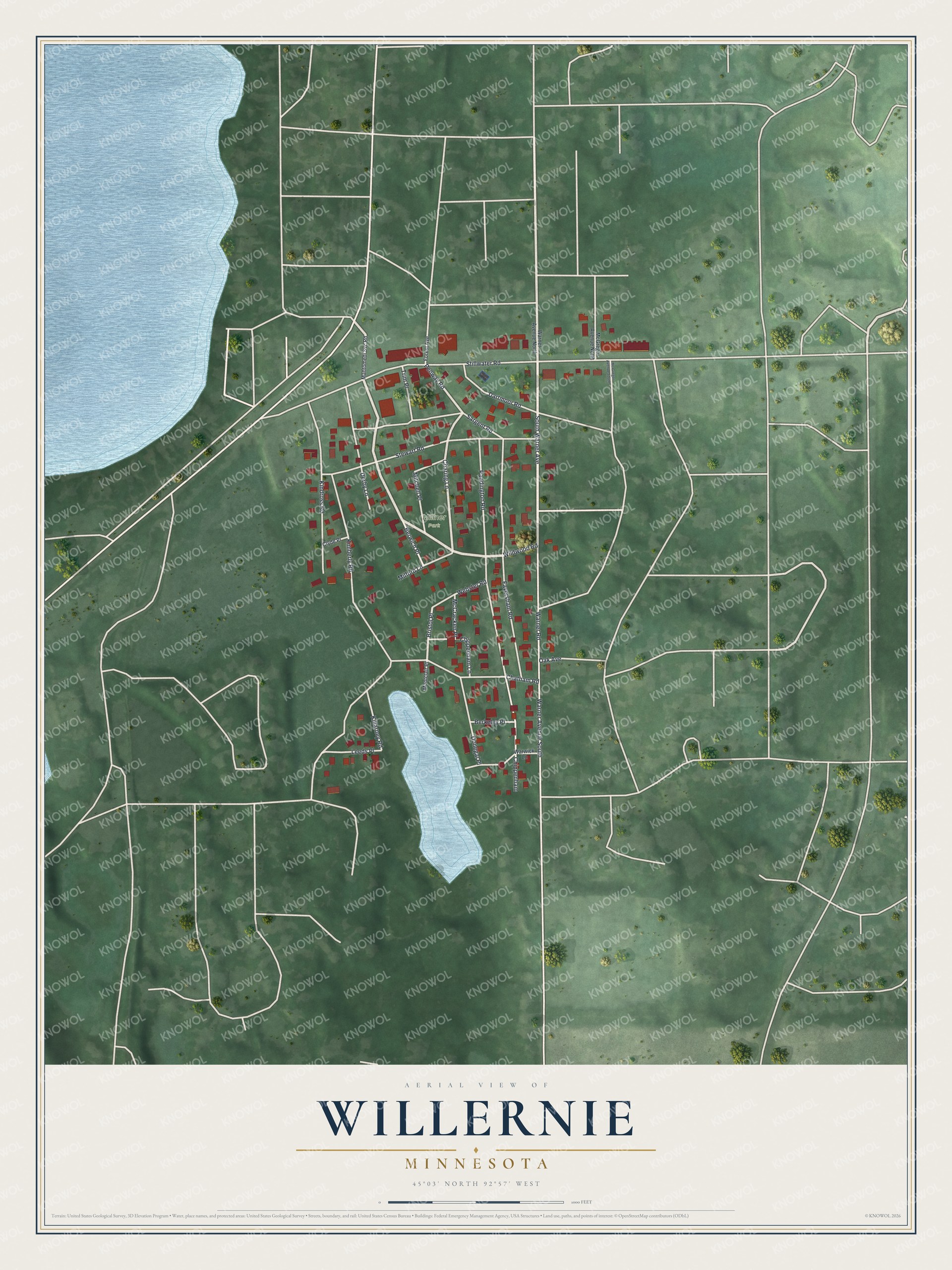 Full map of Willernie, Minnesota, with red buildings, printed street names and the land around them