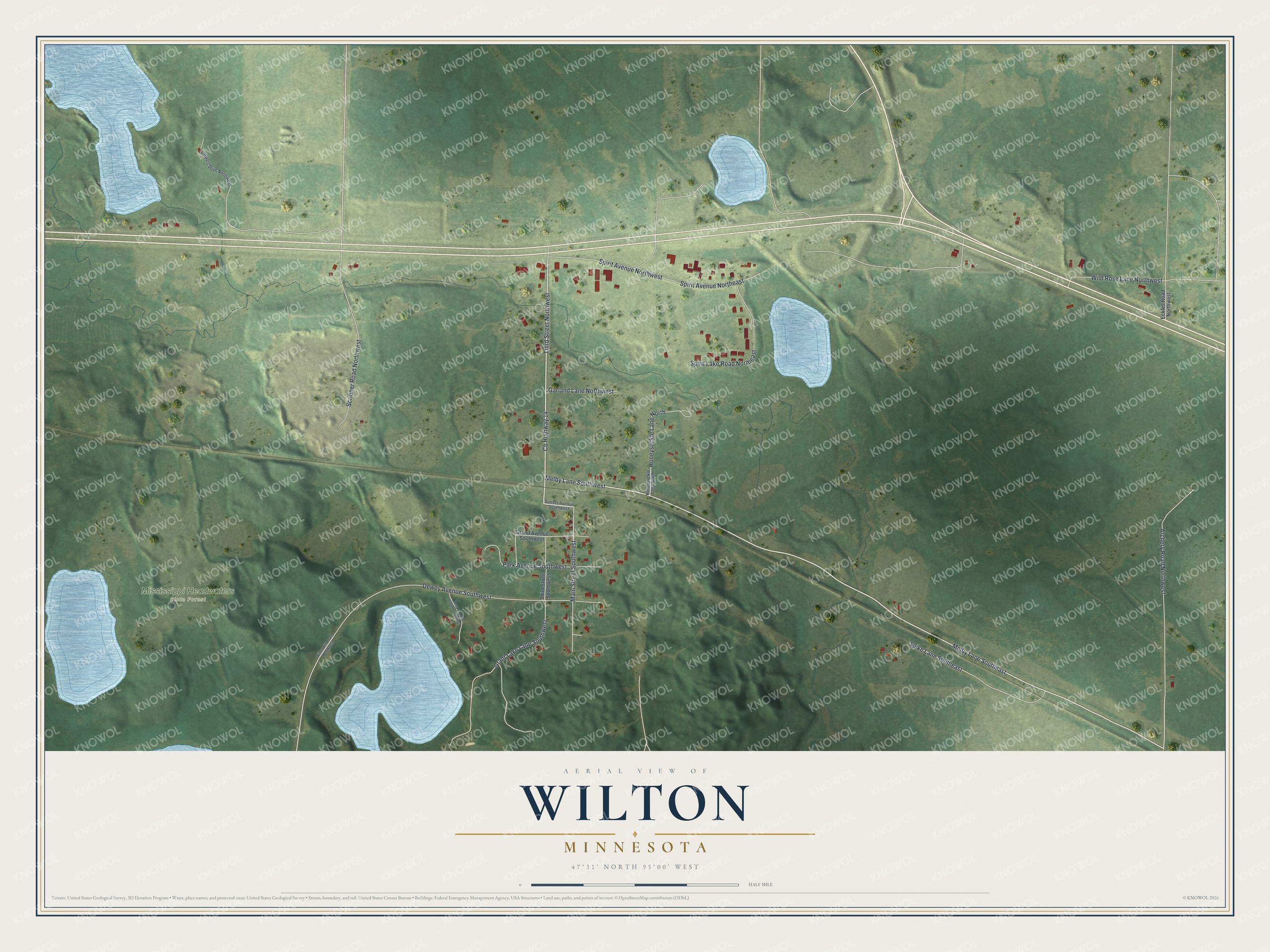 Full map of Wilton, Minnesota, with red buildings, printed street names and the land around them