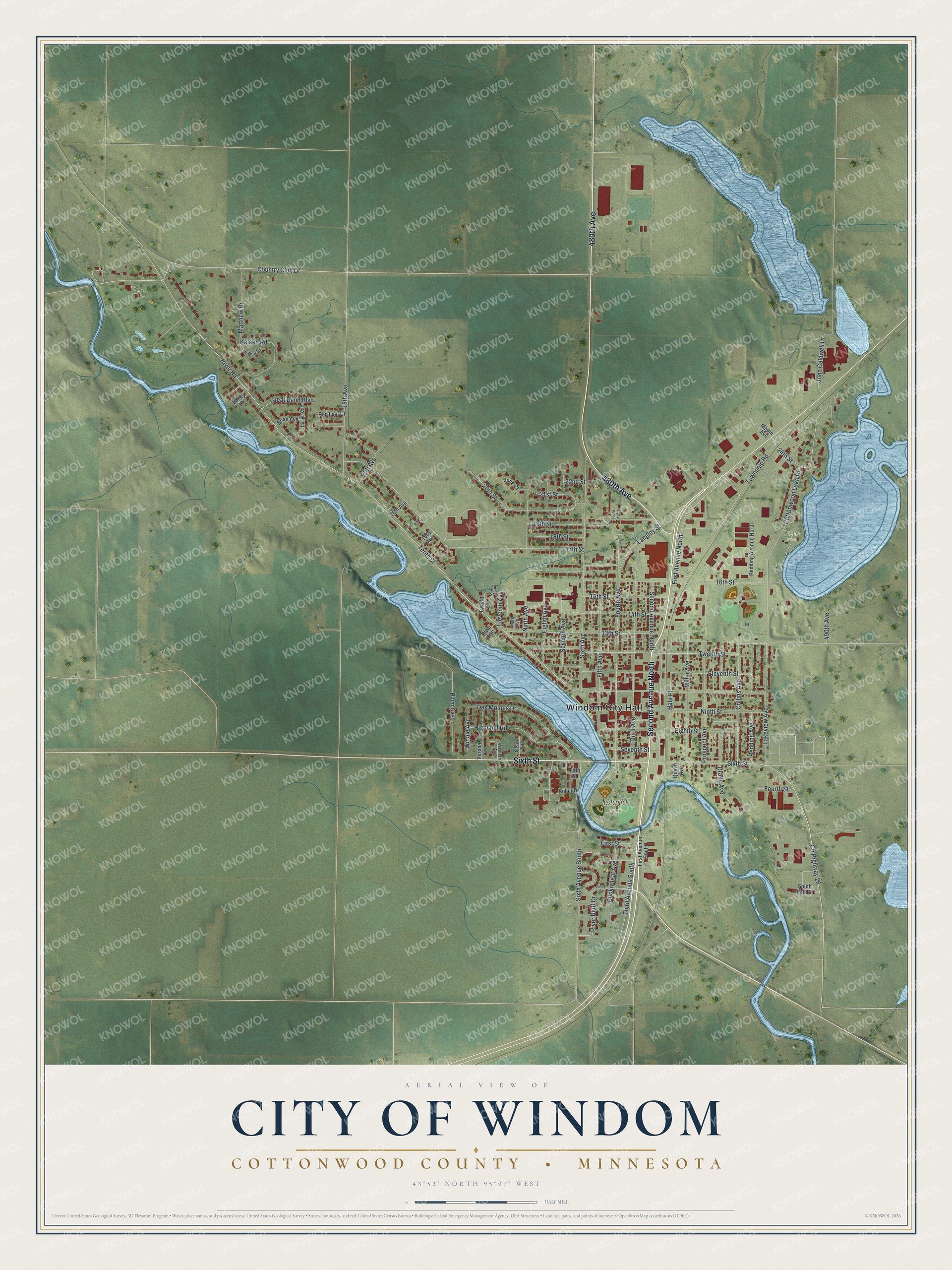 Full map of Windom, Minnesota, with red buildings, printed street names and the land around them