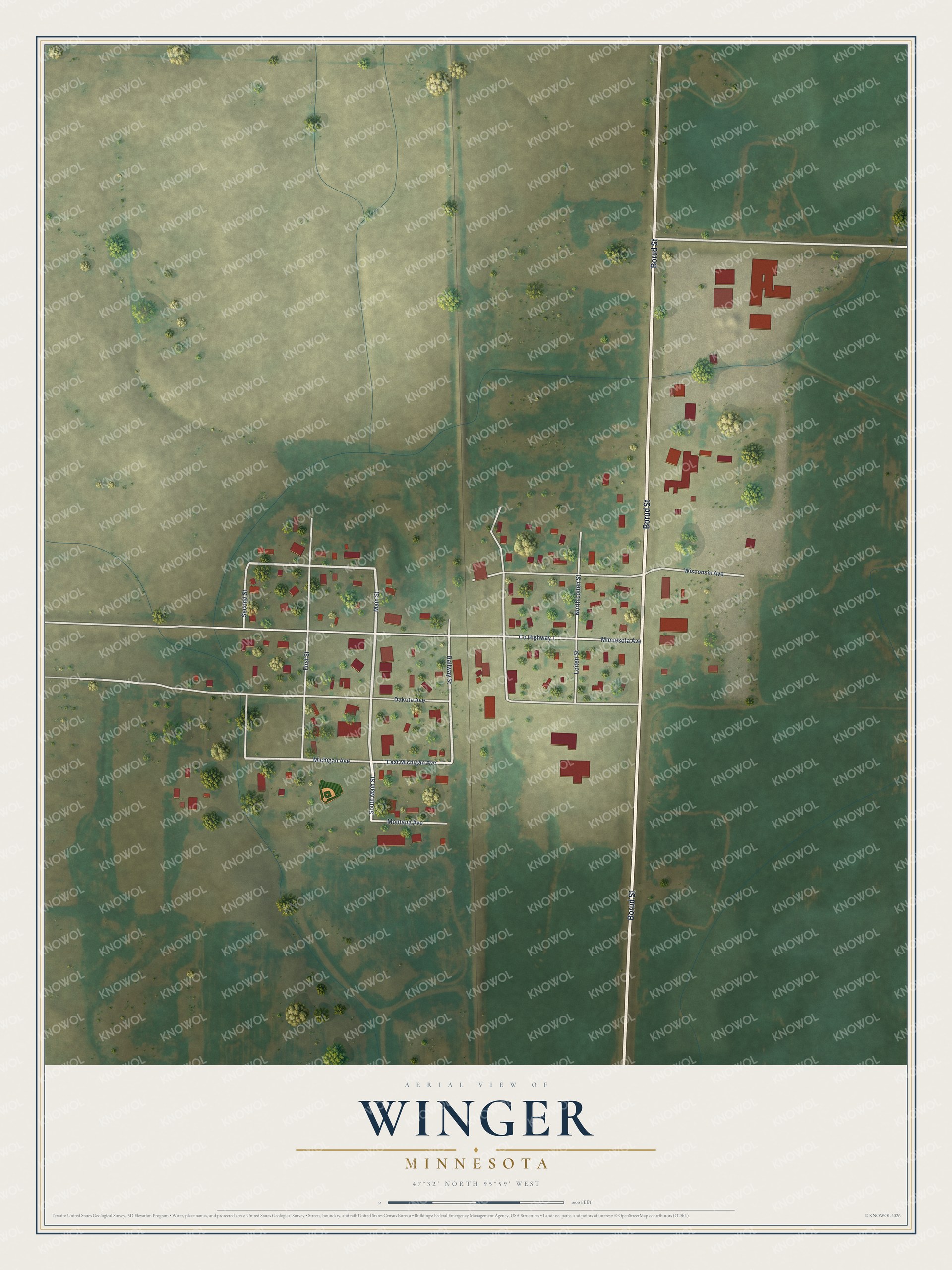 Full map of Winger, Minnesota, with red buildings, printed street names and the land around them