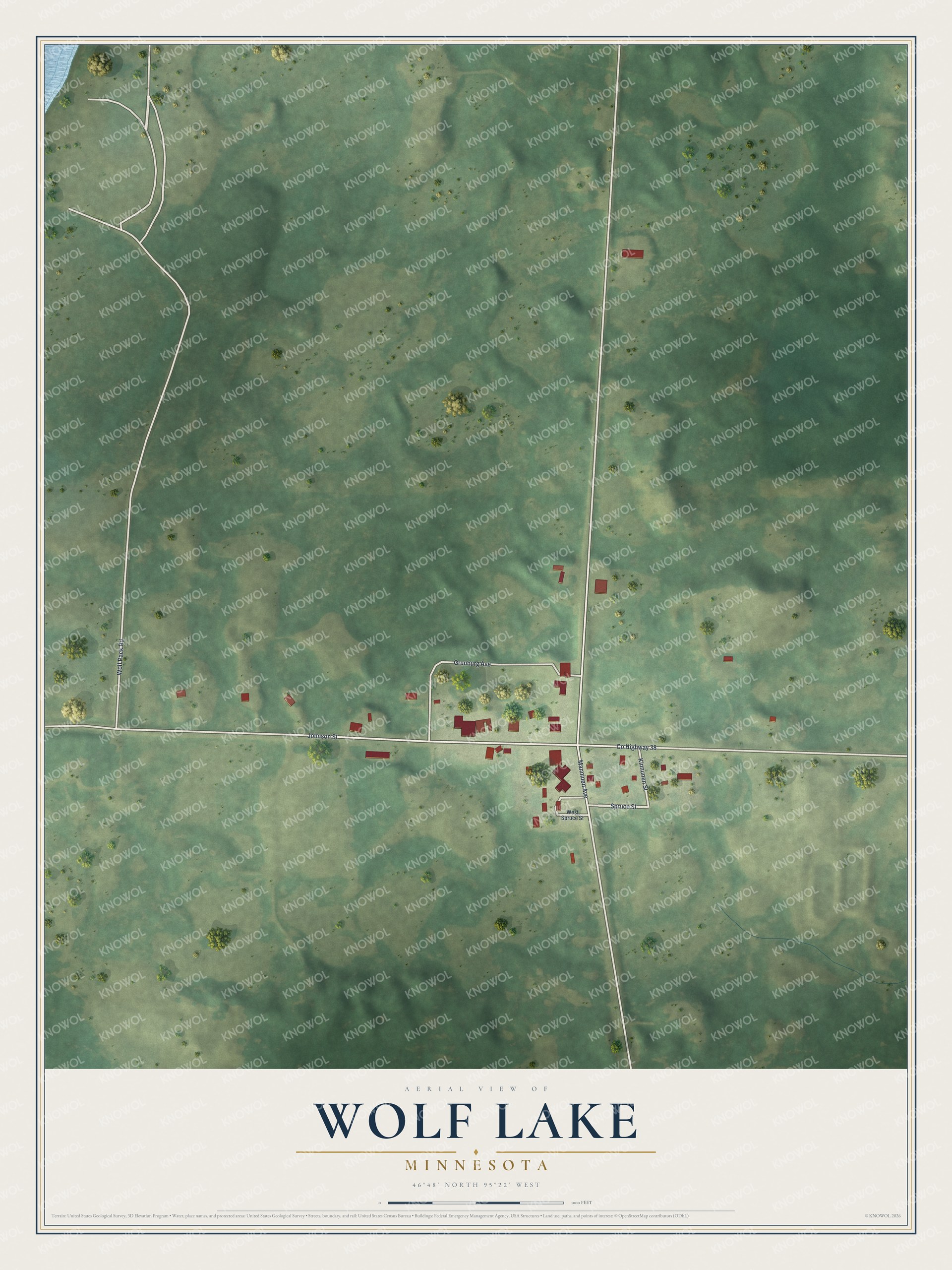 Full map of Wolf Lake, Minnesota, with red buildings, printed street names and the land around them