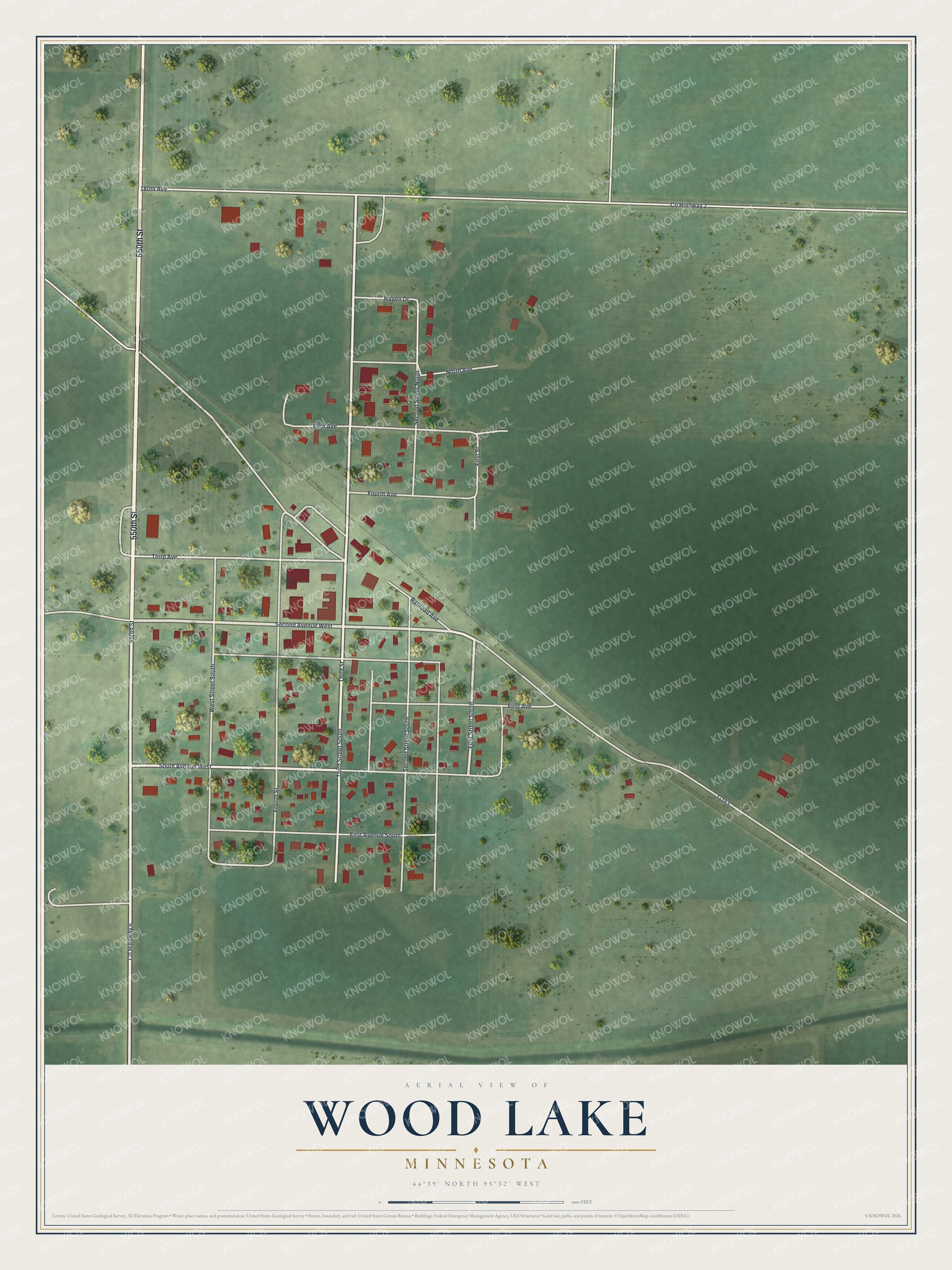 Full map of Wood Lake, Minnesota, with red buildings, printed street names and the land around them