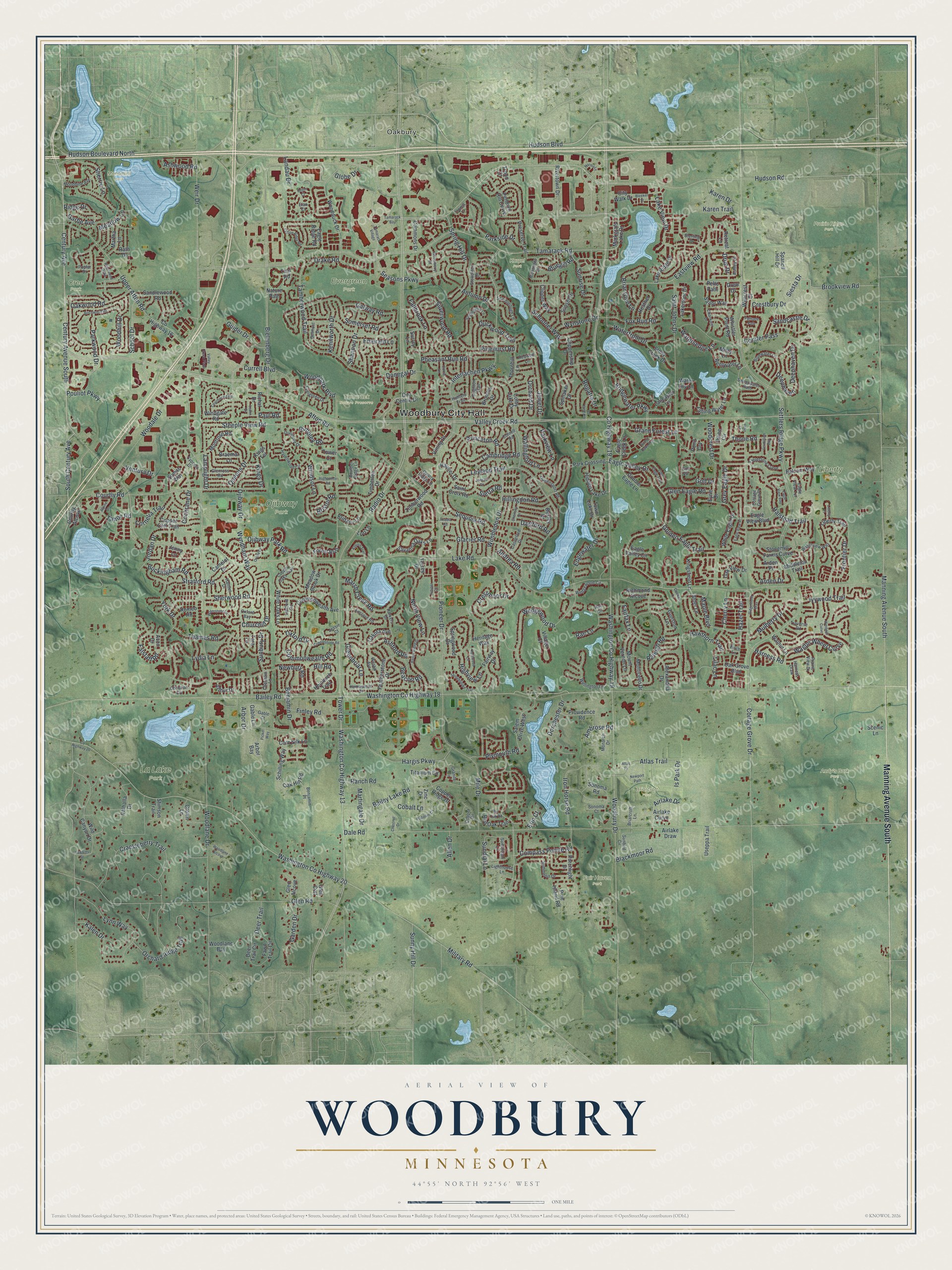Full map of Woodbury, Minnesota, with red buildings, printed street names and the land around them