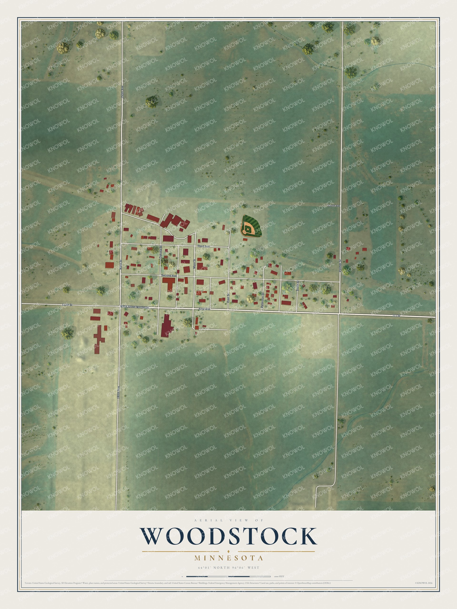 Full map of Woodstock, Minnesota, with red buildings, printed street names and the land around them