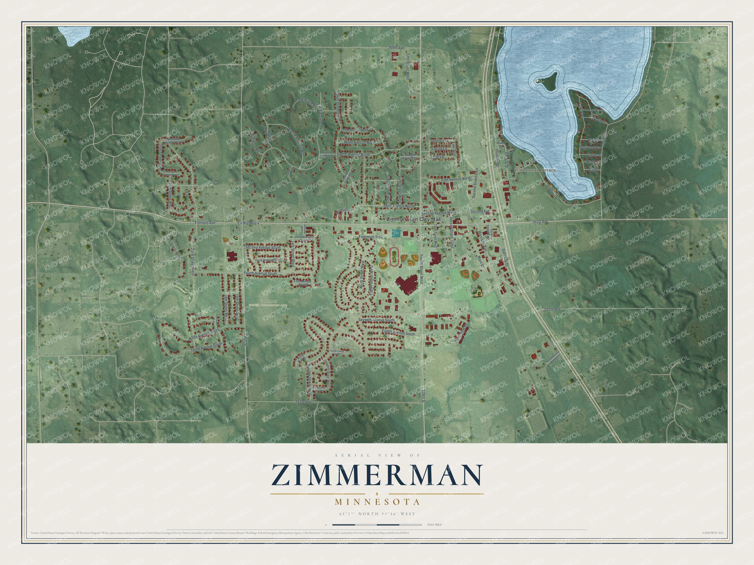 Full map of Zimmerman, Minnesota, with red buildings, printed street names and the land around them
