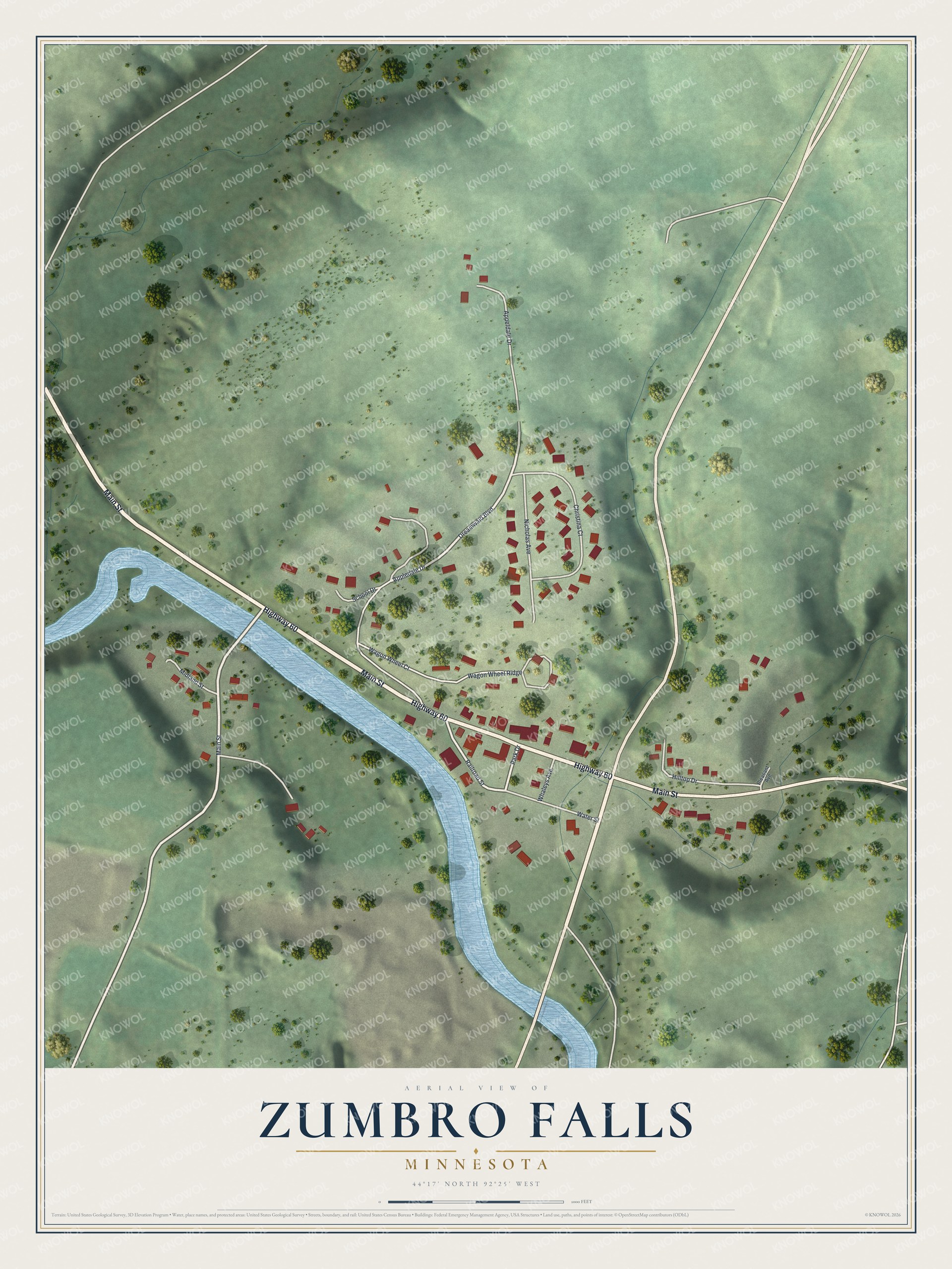 Full map of Zumbro Falls, Minnesota, with red buildings, printed street names and the land around them