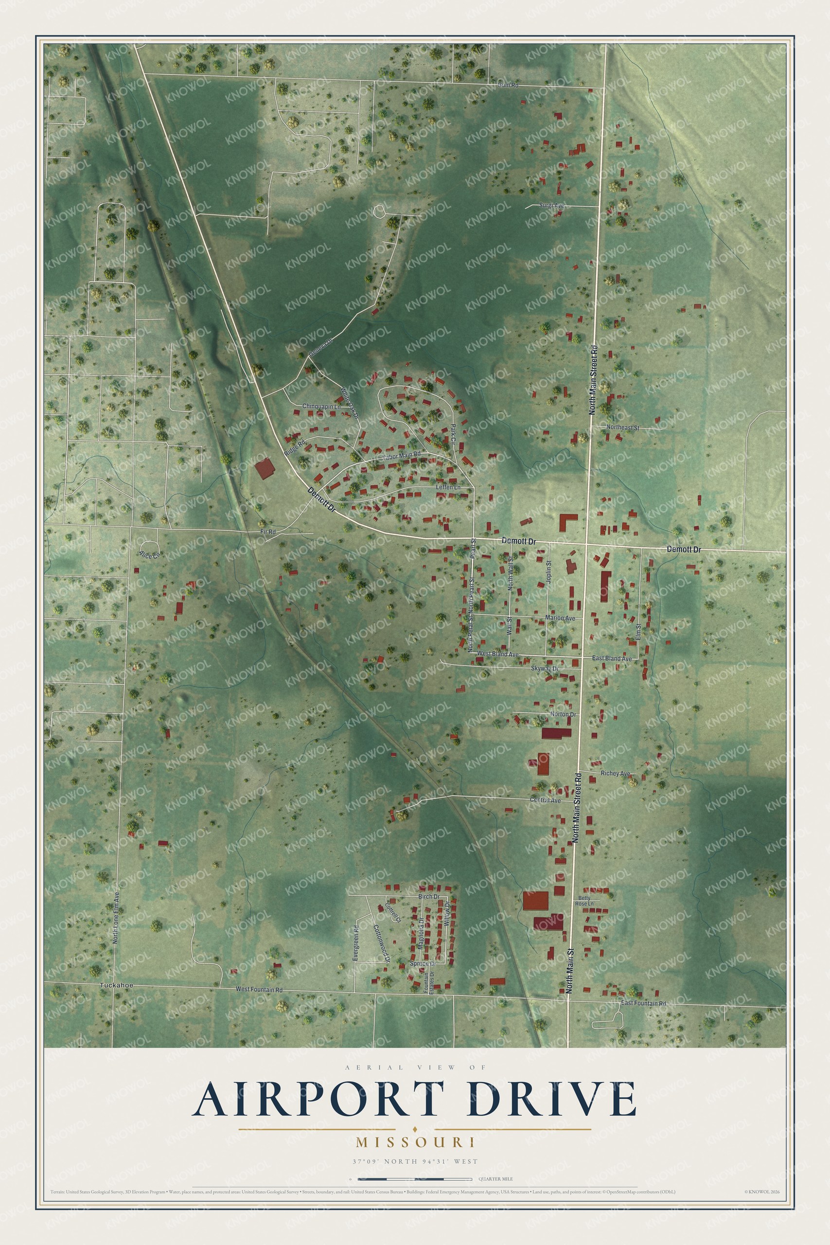 Map of Airport Drive, Missouri with North Main Street Road, Demott Drive, the Tuckahoe label and red buildings on shaded green fields
