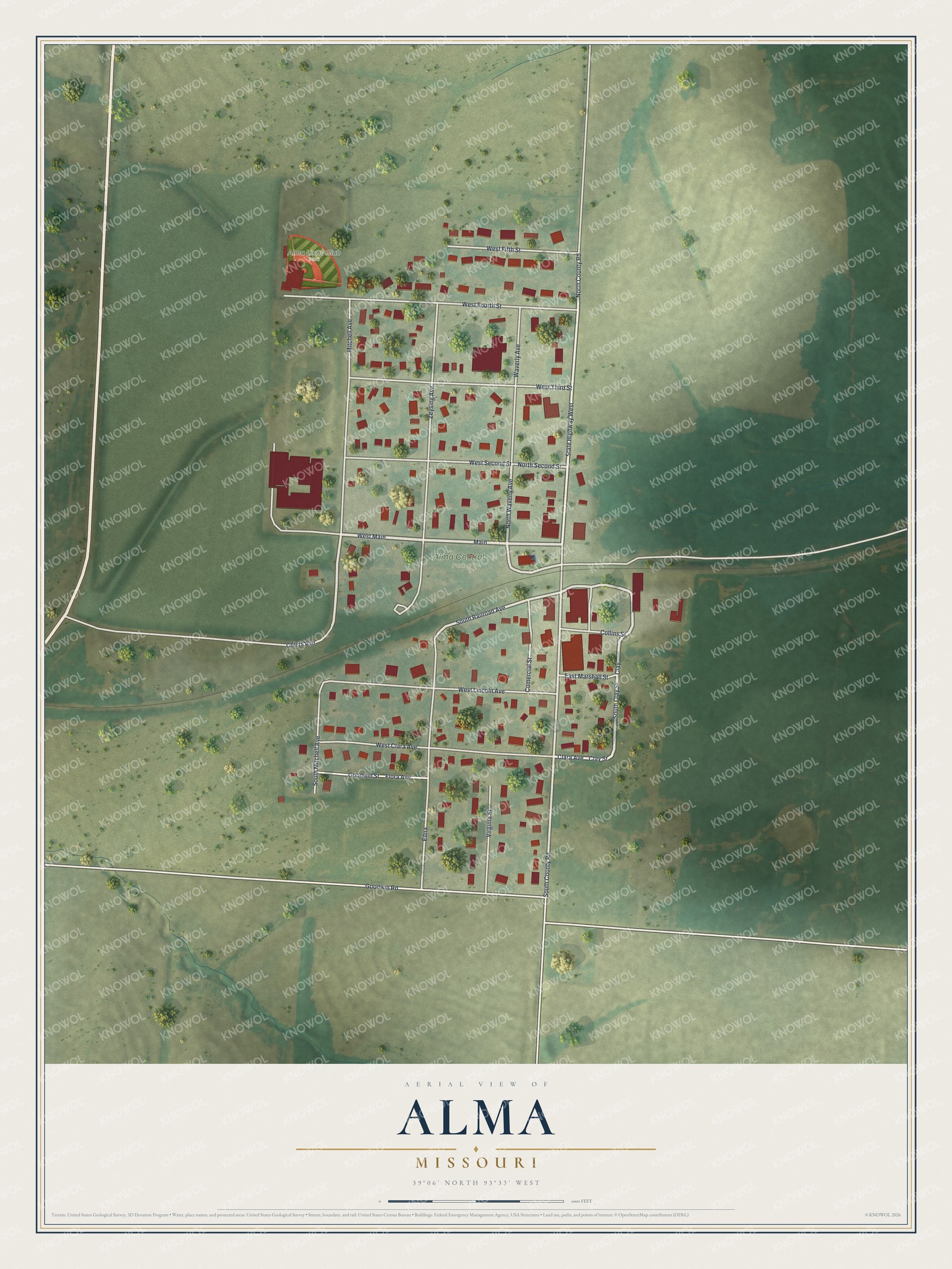 Map of Alma, Missouri with a small grid of red buildings on both sides of a rail line, Alma Central Park and shaded green farm fields