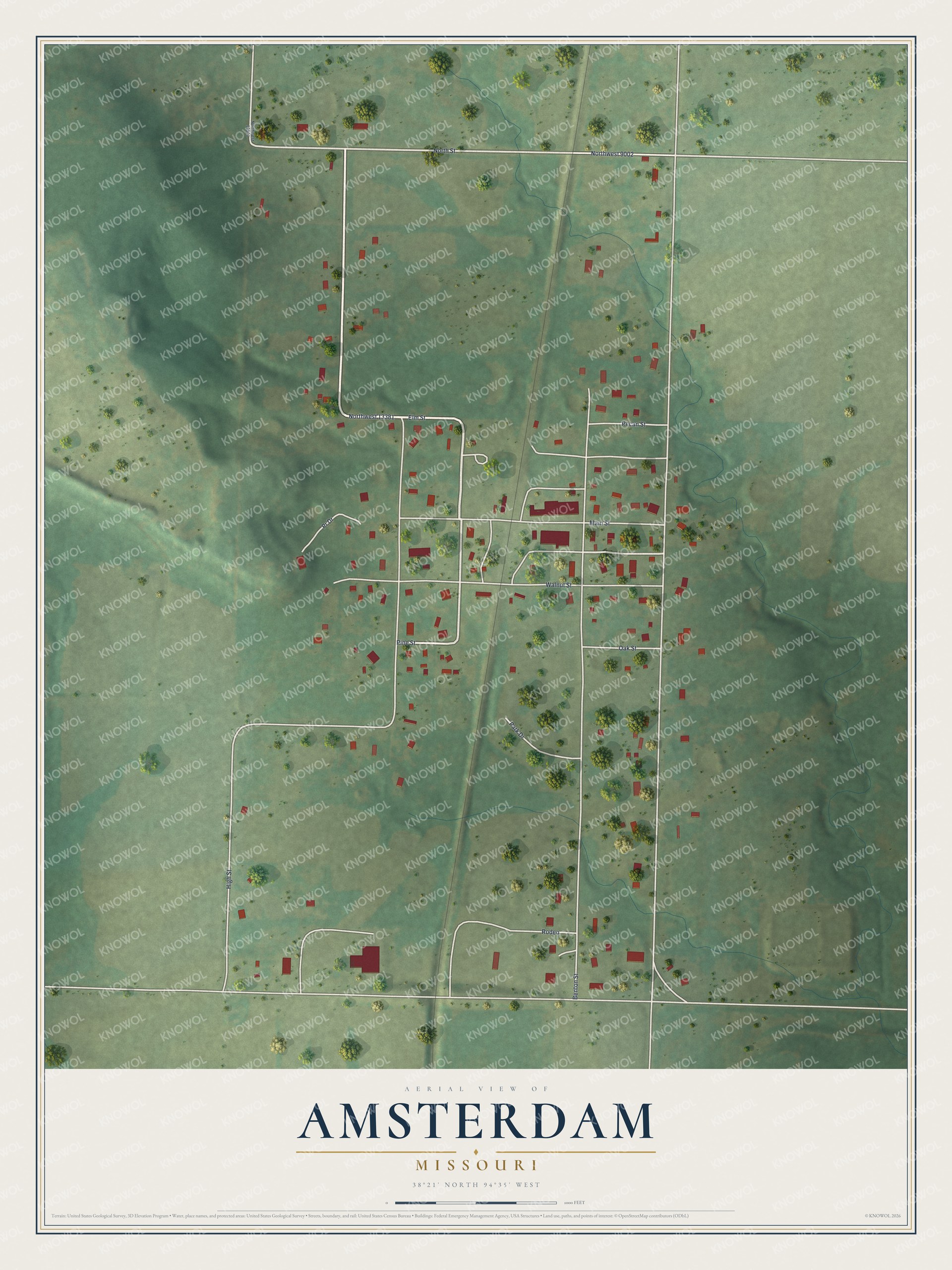 Map of Amsterdam, Missouri with red buildings along Main and Walnut streets, a straight rail line through town and a winding creek in green farmland